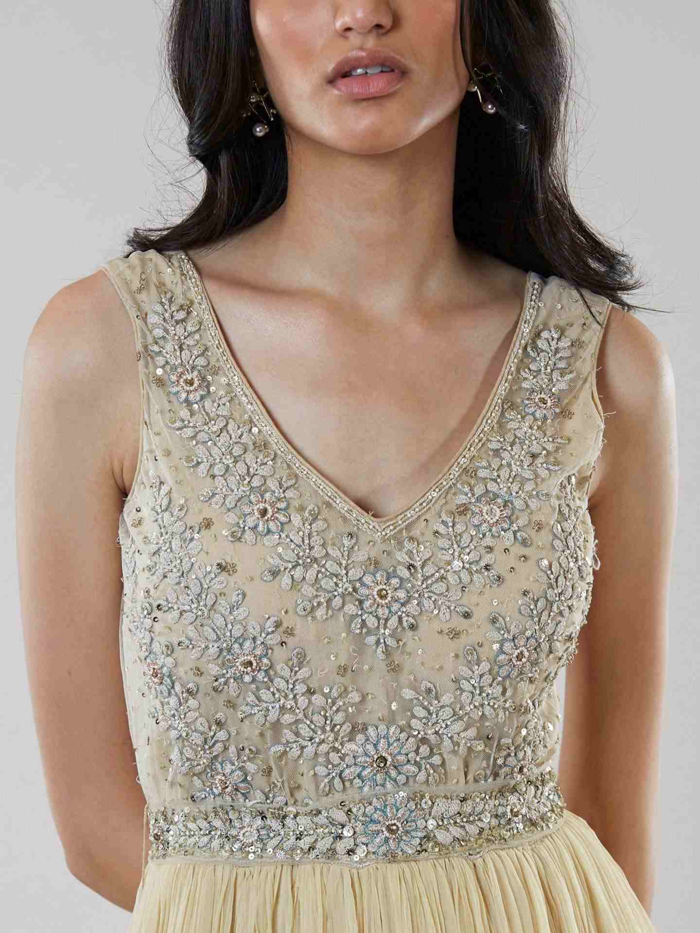 Beige Leaf Button Embroidery Maxi Dress