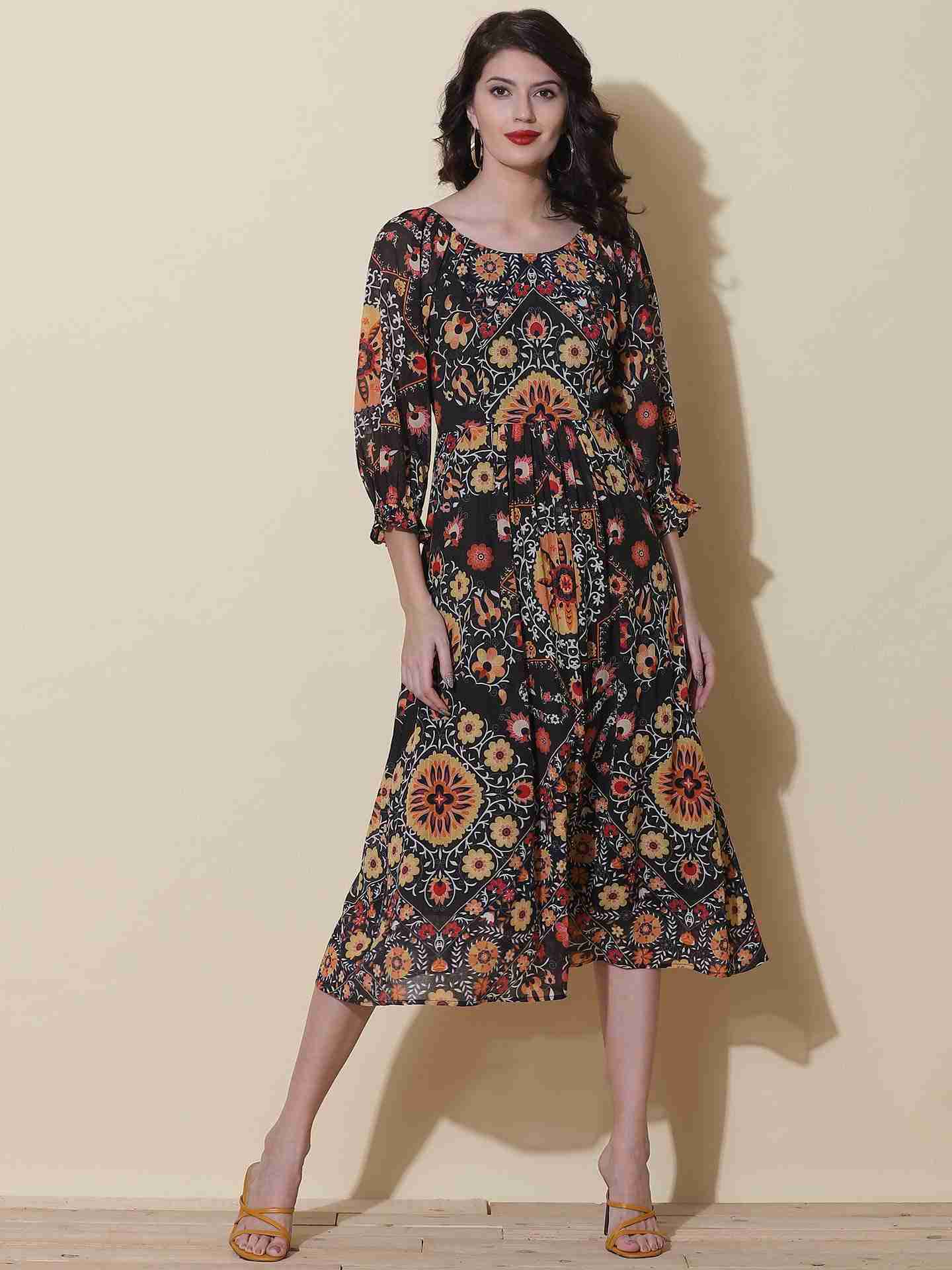Black Suzani Midi Dress