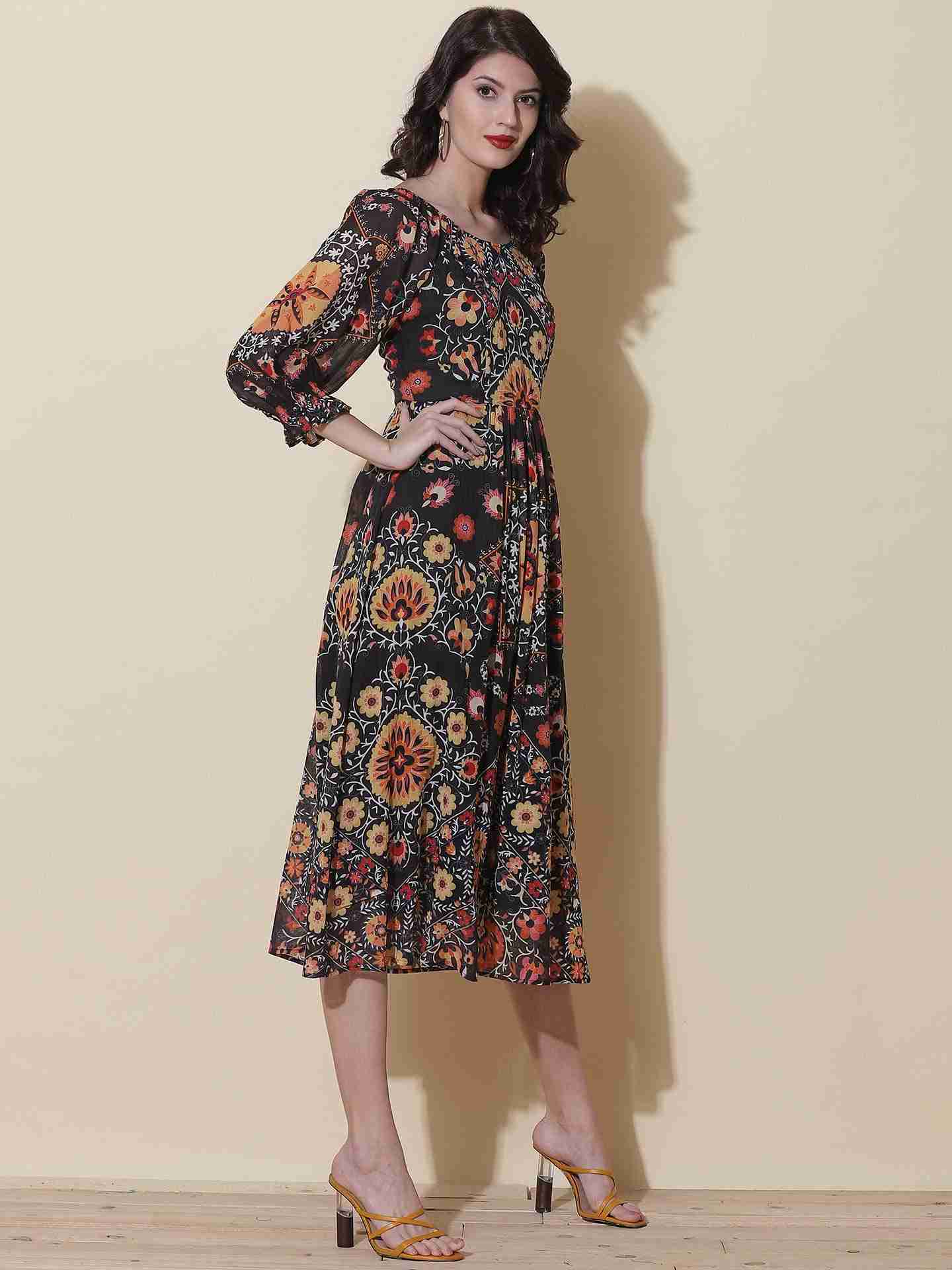 Black Suzani Midi Dress