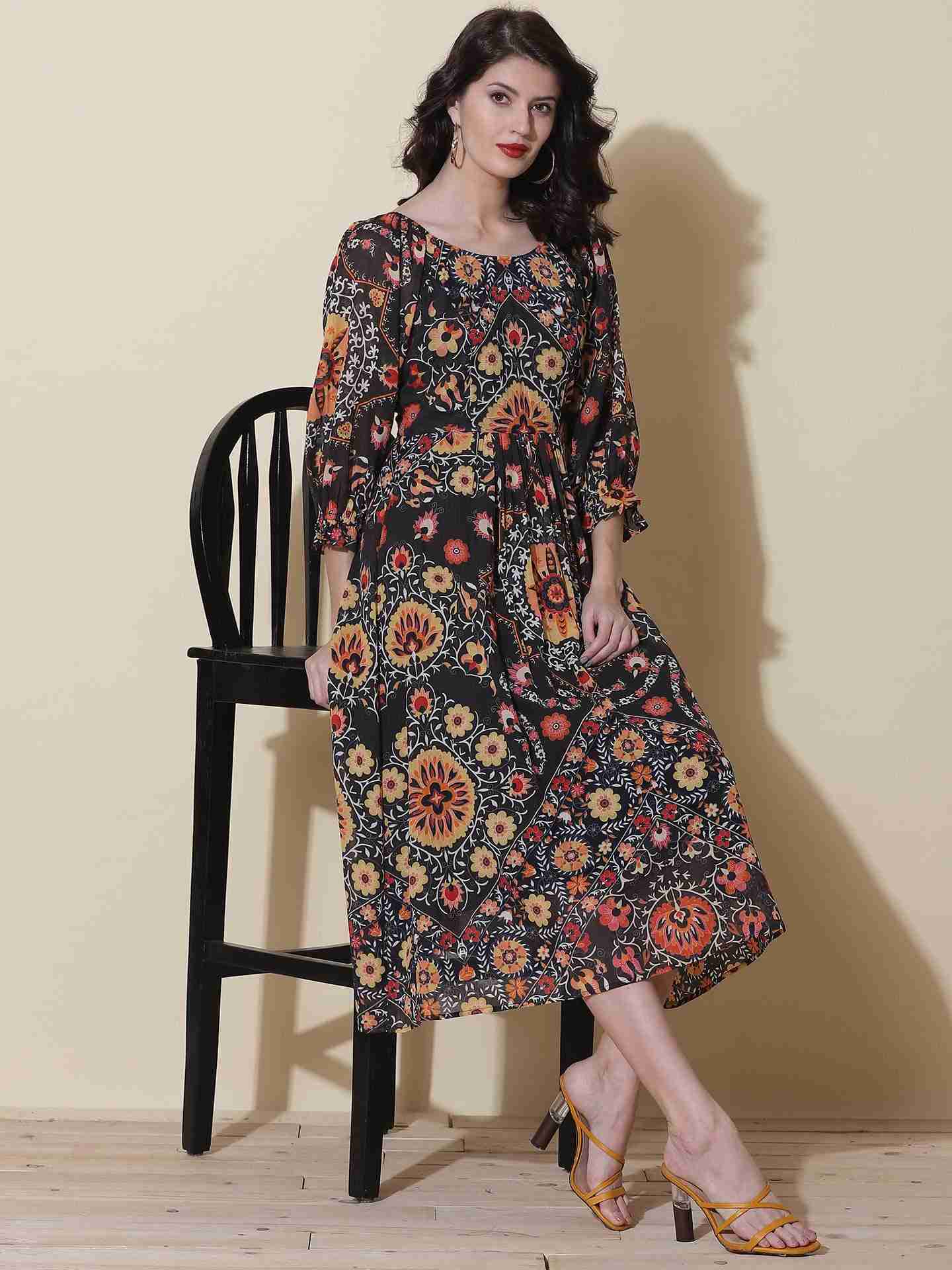 Black Suzani Midi Dress