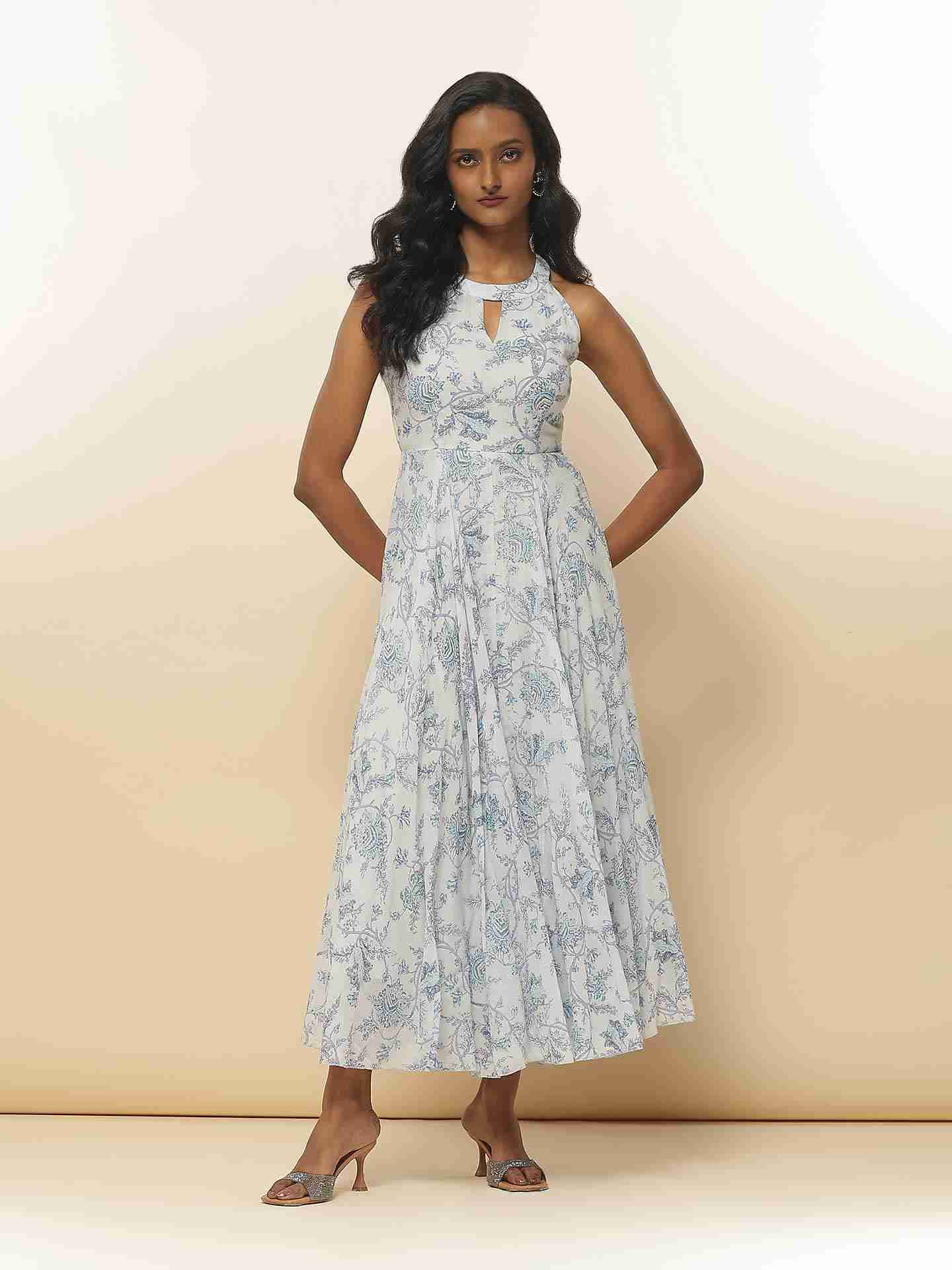 Blue Fashion Flair Floral  Long Dress