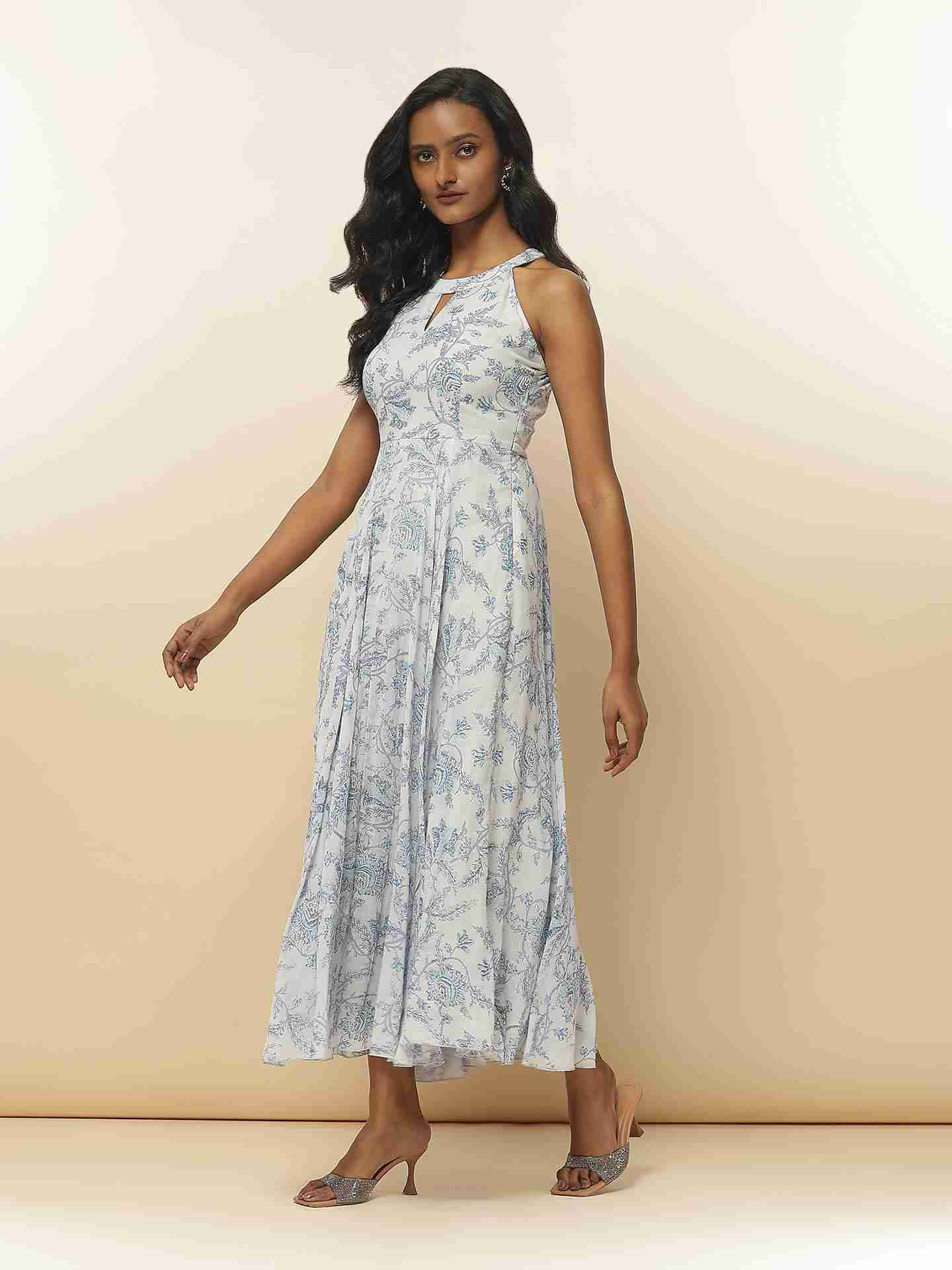Blue Fashion Flair Floral  Long Dress