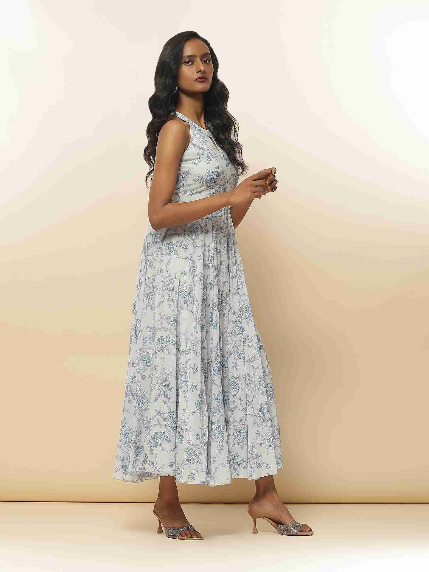 Blue Fashion Flair Floral  Long Dress