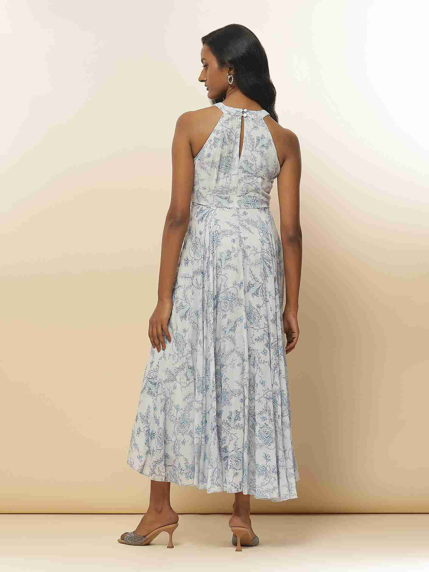 Blue Fashion Flair Floral  Long Dress