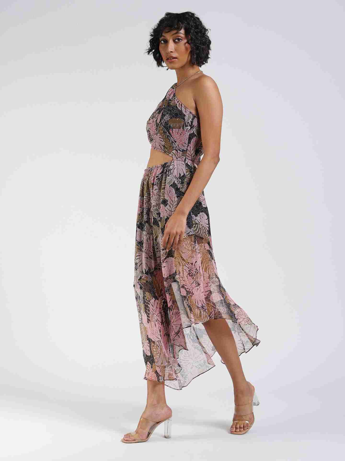 Black Fashion Flair Printed Cut-Out Dress