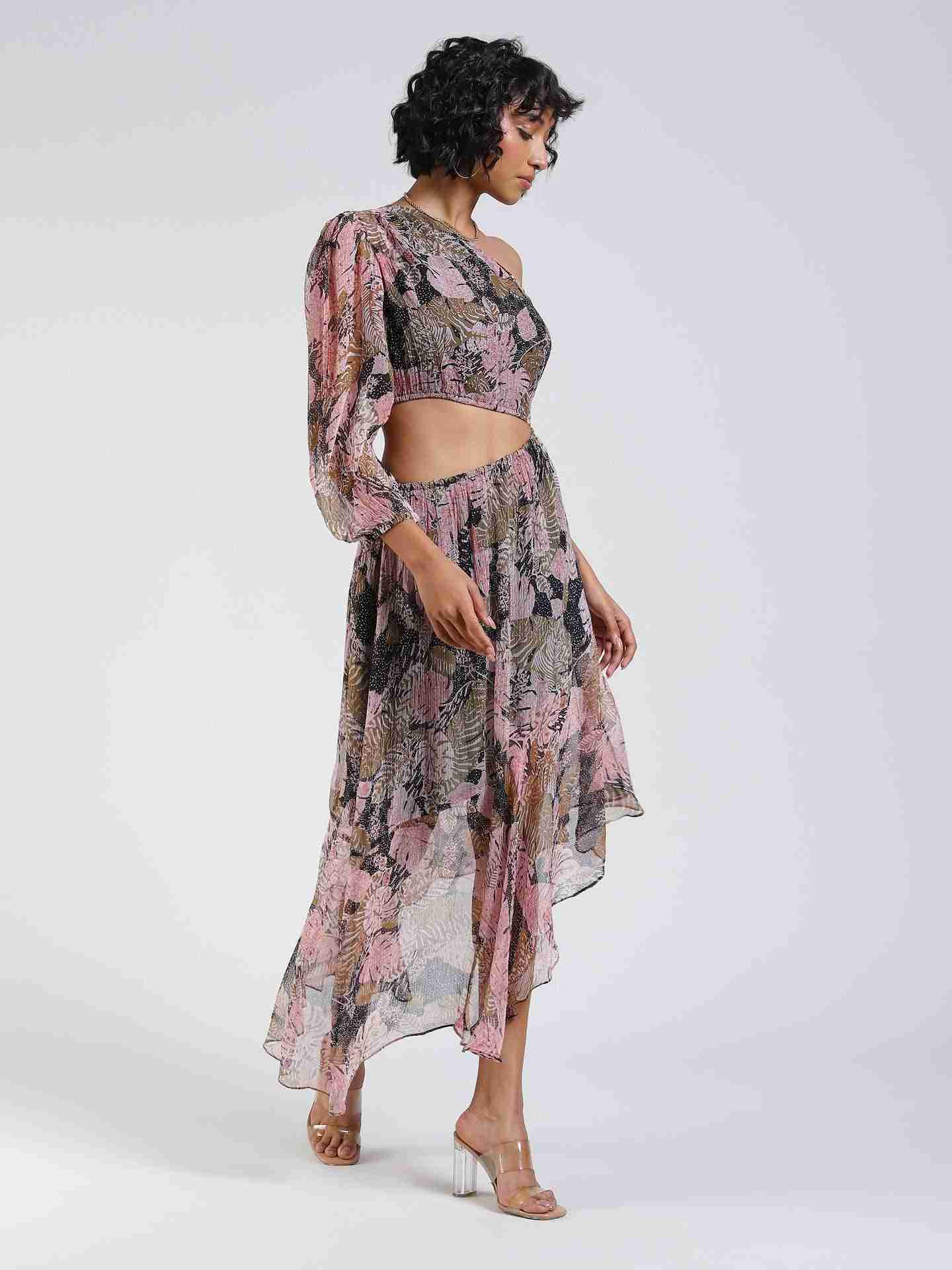 Black Fashion Flair Printed Cut-Out Dress