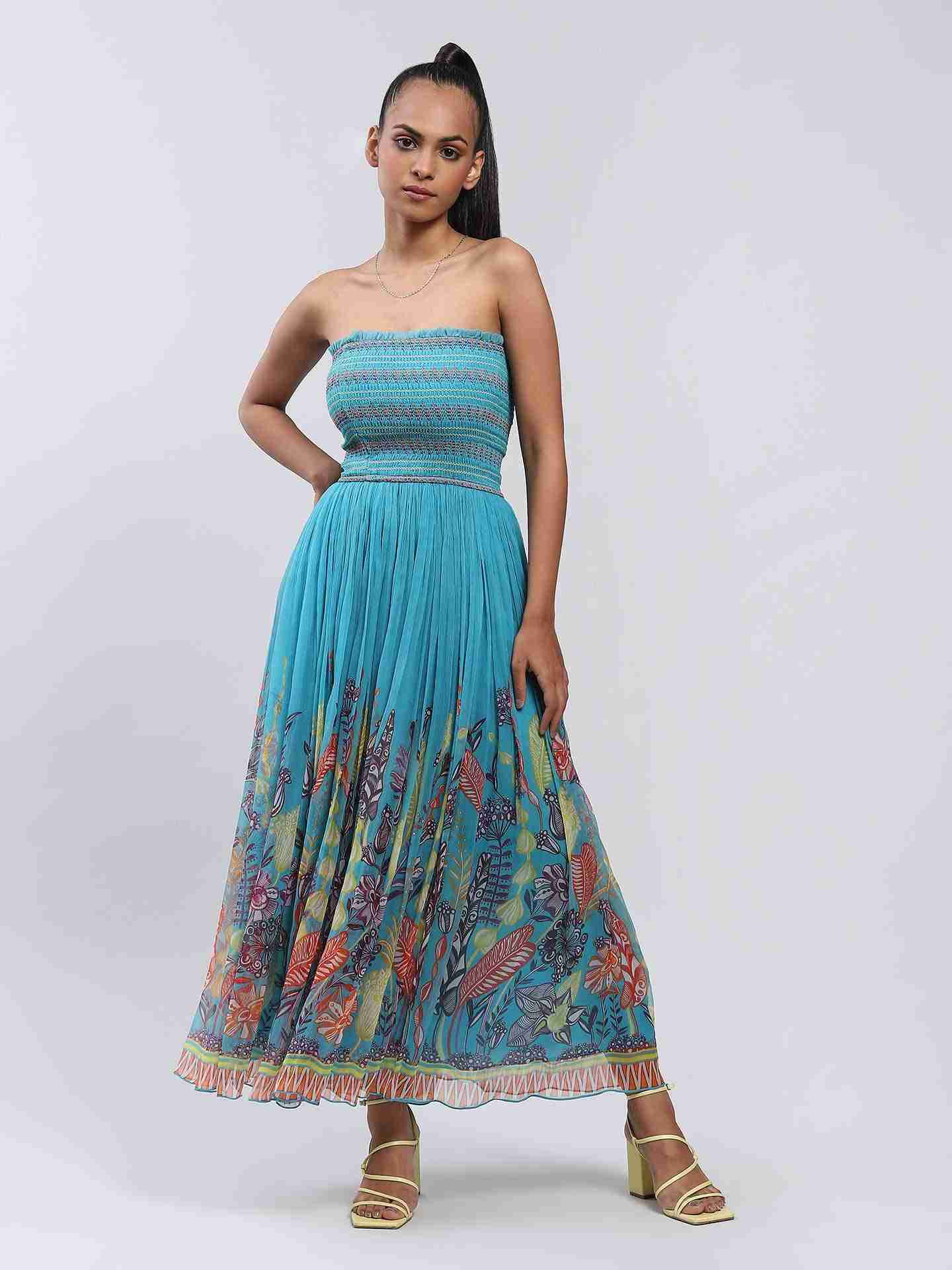 Blue Bluebell Flower Off-The-Shoulder Dress