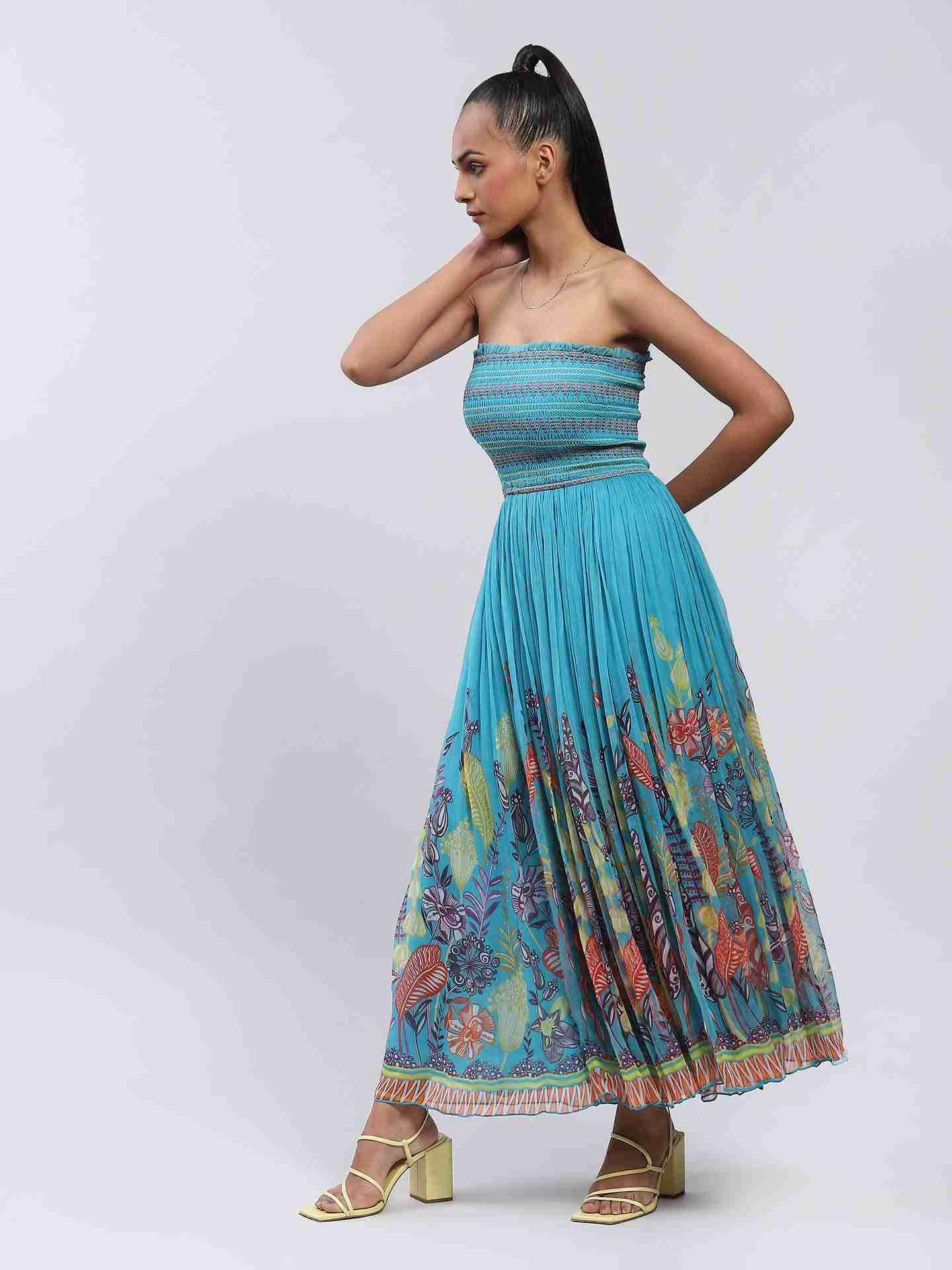 Blue Bluebell Flower Off-The-Shoulder Dress