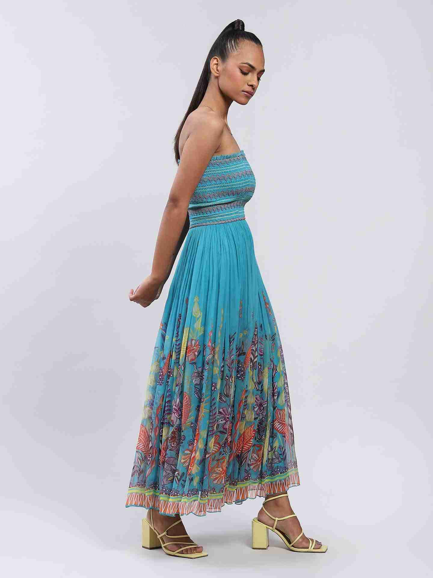 Blue Bluebell Flower Off-The-Shoulder Dress