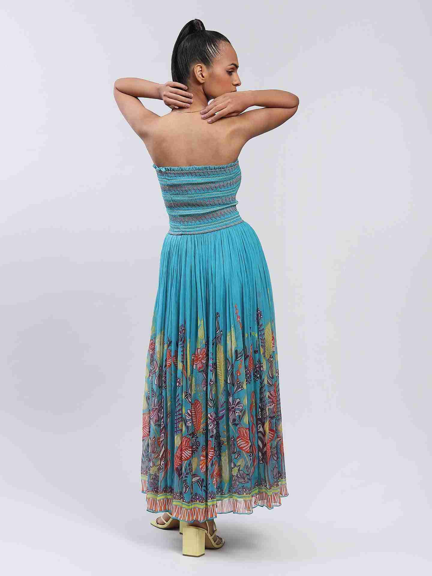 Blue Bluebell Flower Off-The-Shoulder Dress