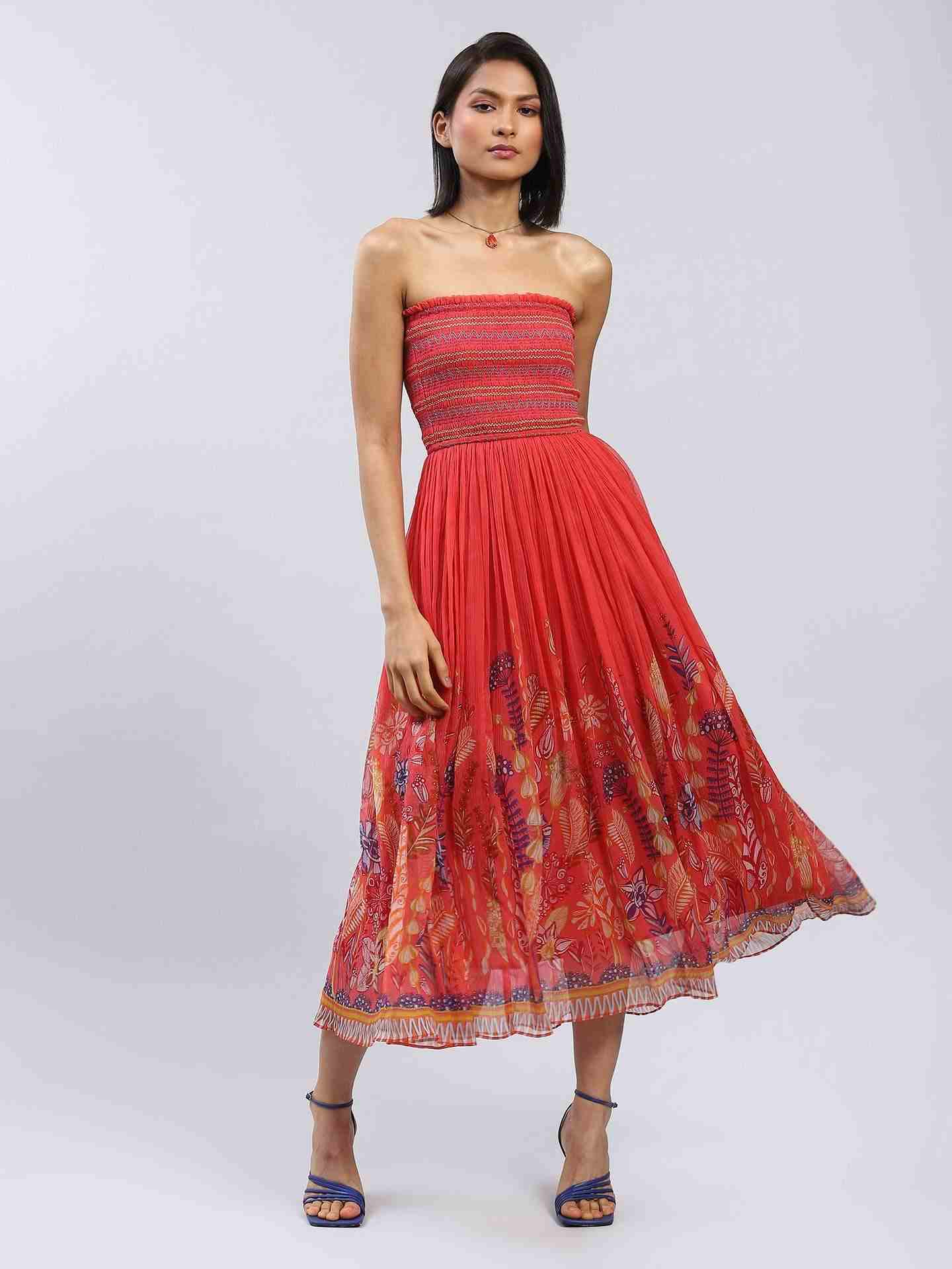 Coral Bluebell Flower Off-The-Shoulder Dress