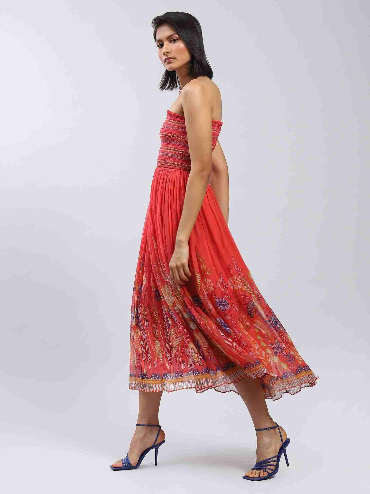 Coral Bluebell Flower Off-The-Shoulder Dress