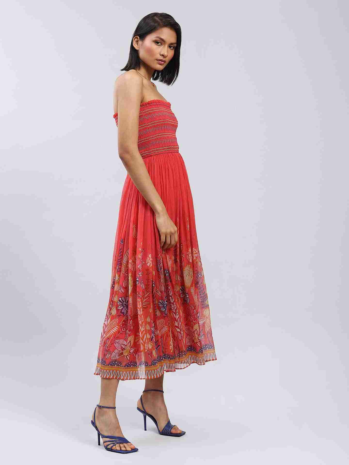 Coral Bluebell Flower Off-The-Shoulder Dress