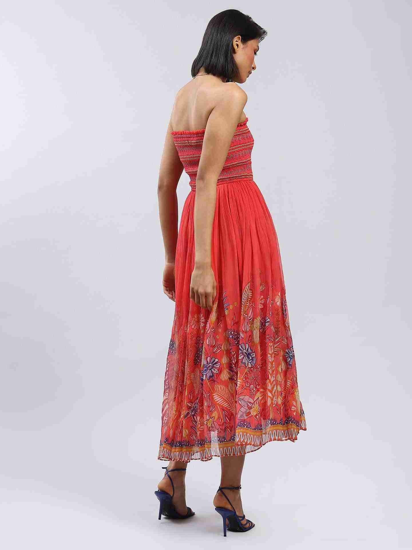 Coral Bluebell Flower Off-The-Shoulder Dress