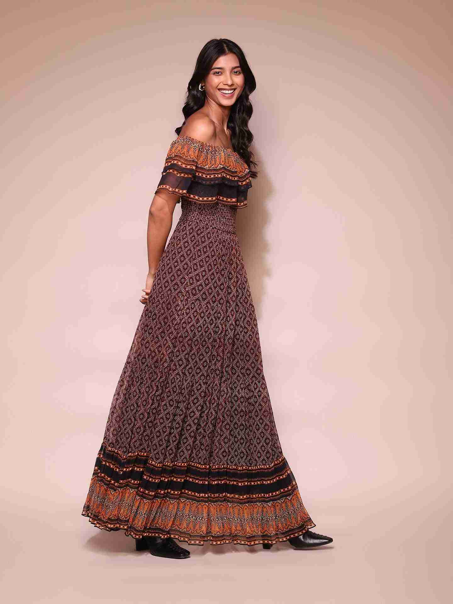 Brown Elliot Off-The-Shoulder Dress
