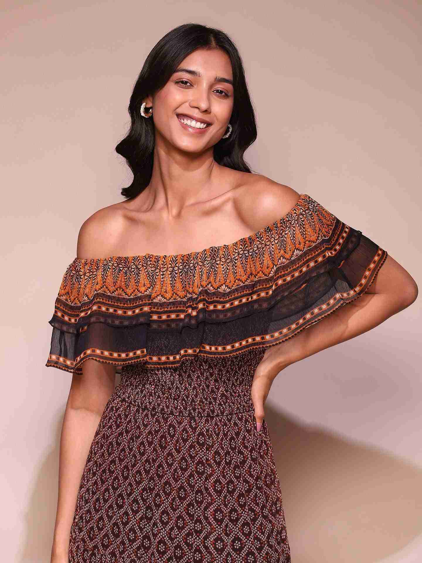 Brown Elliot Off-The-Shoulder Dress