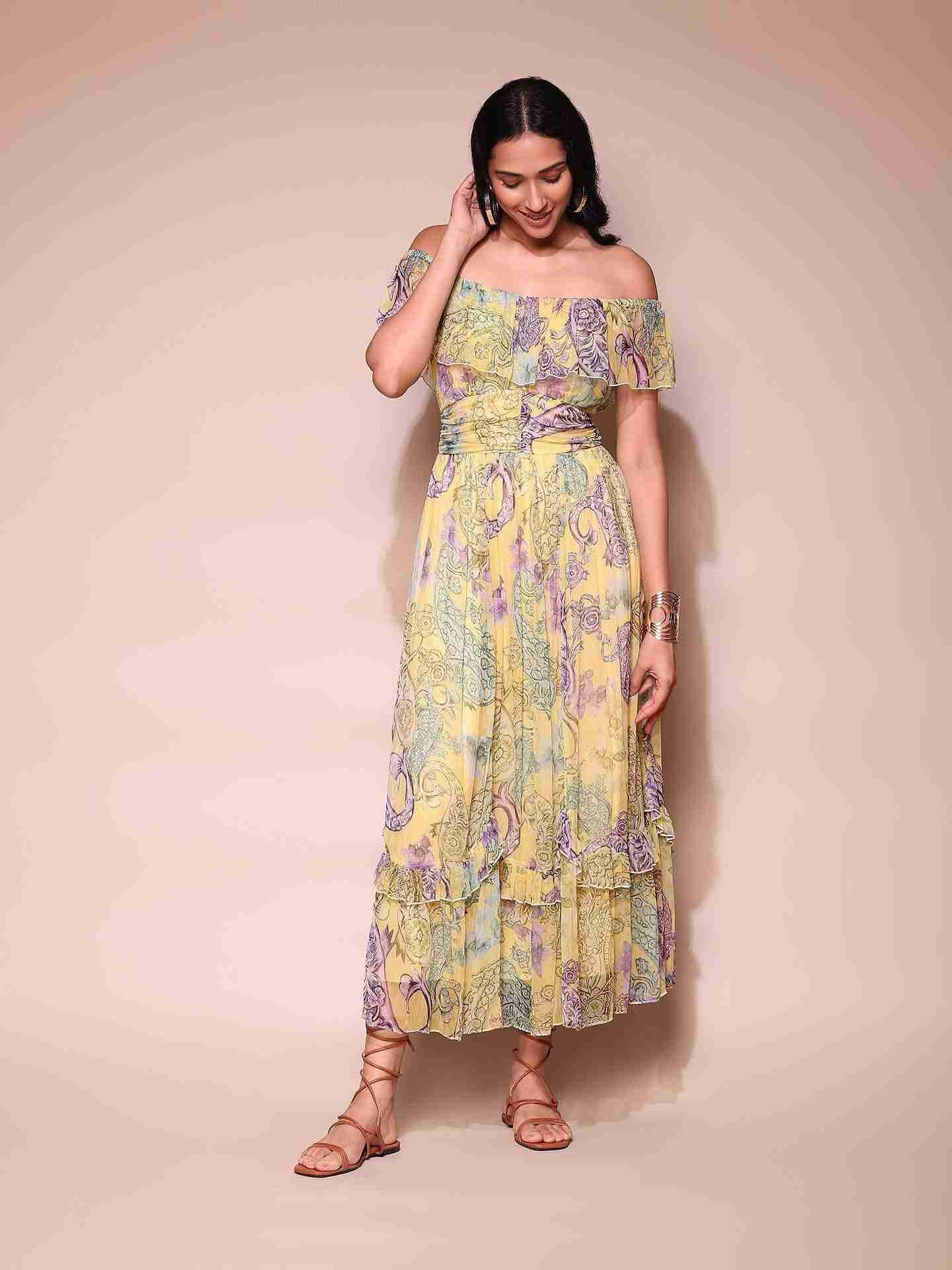 Yellow Drew Off-The-Shoulder Dress