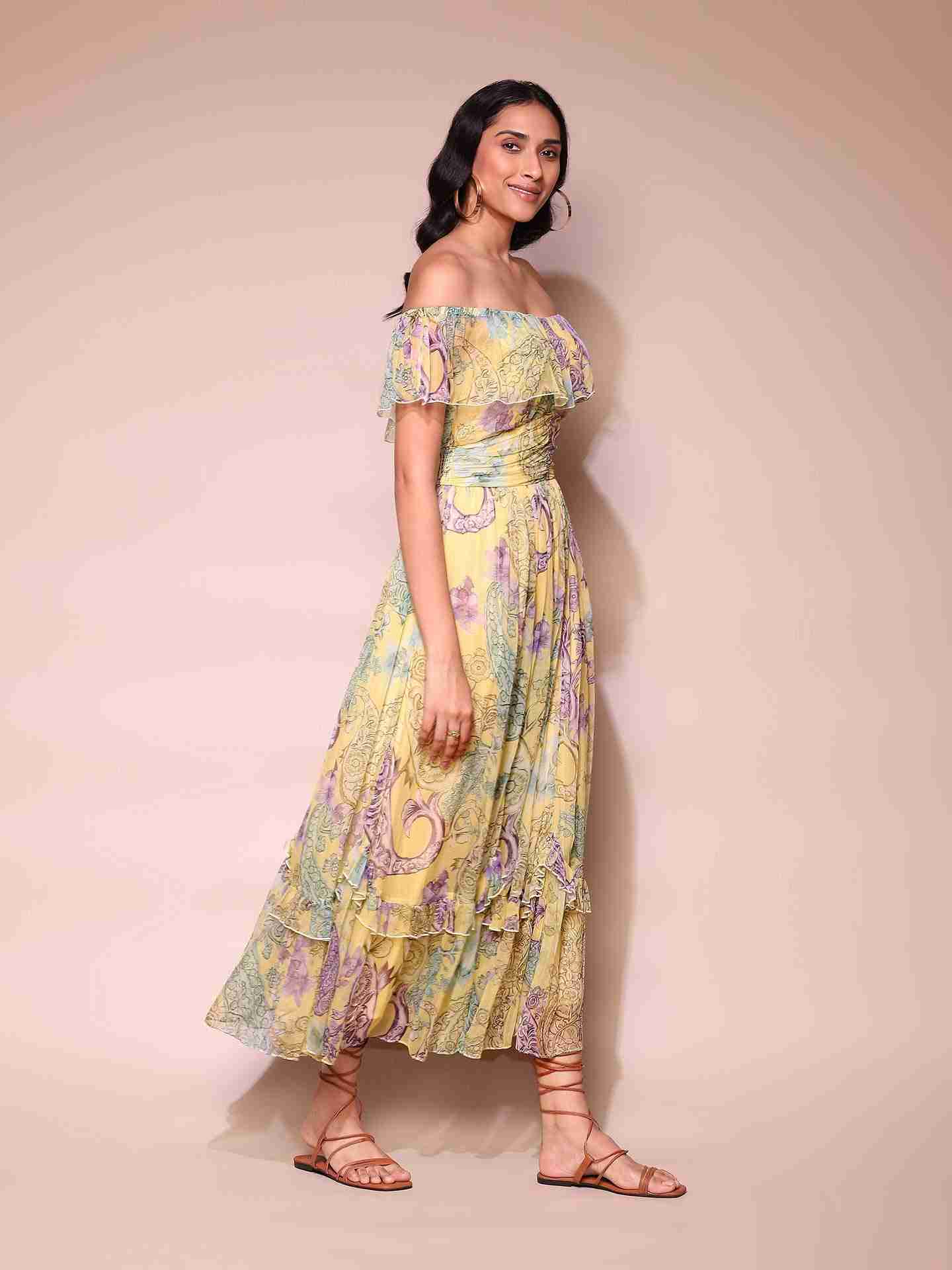 Yellow Drew Off-The-Shoulder Dress