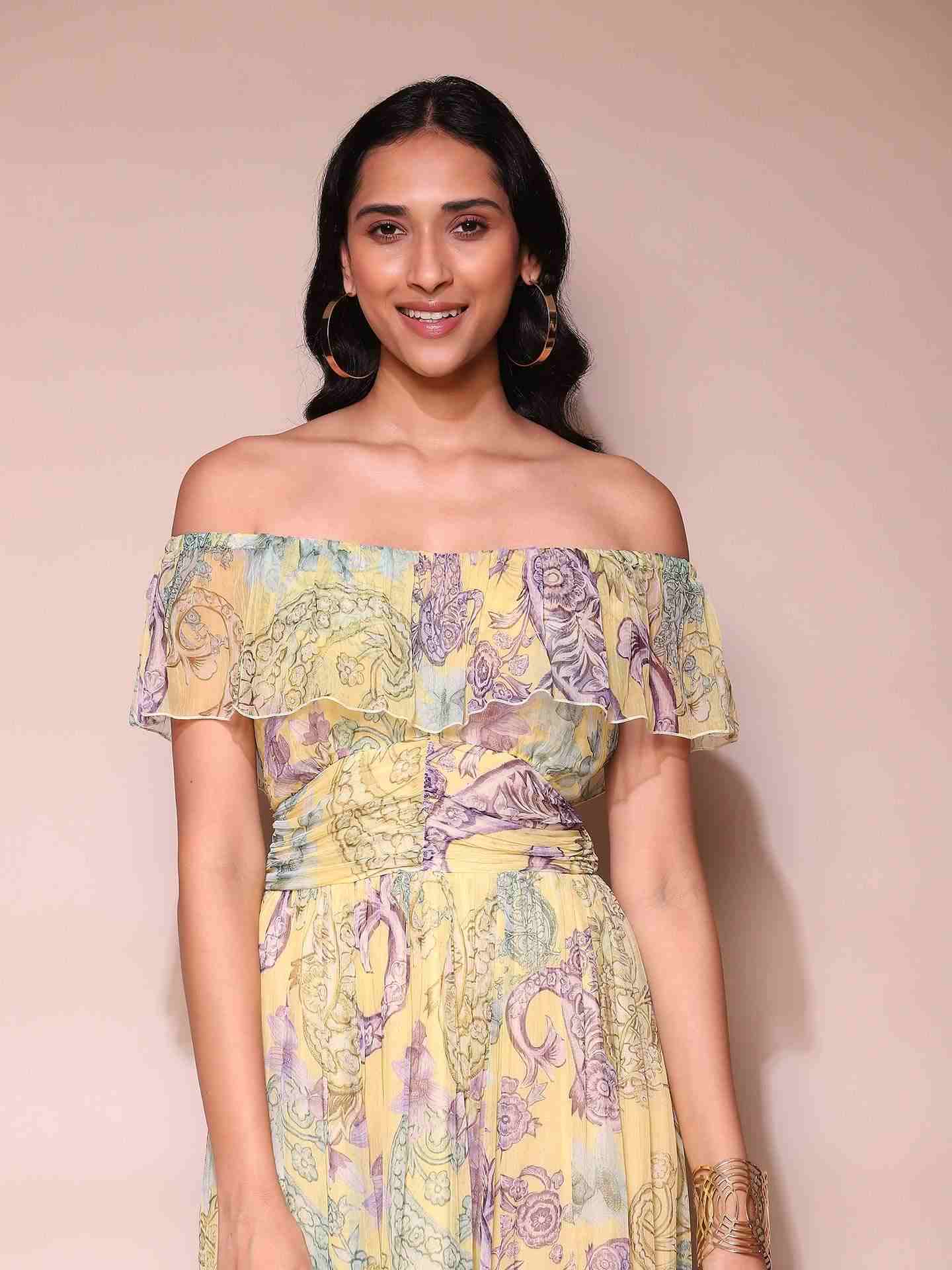 Yellow Drew Off-The-Shoulder Dress