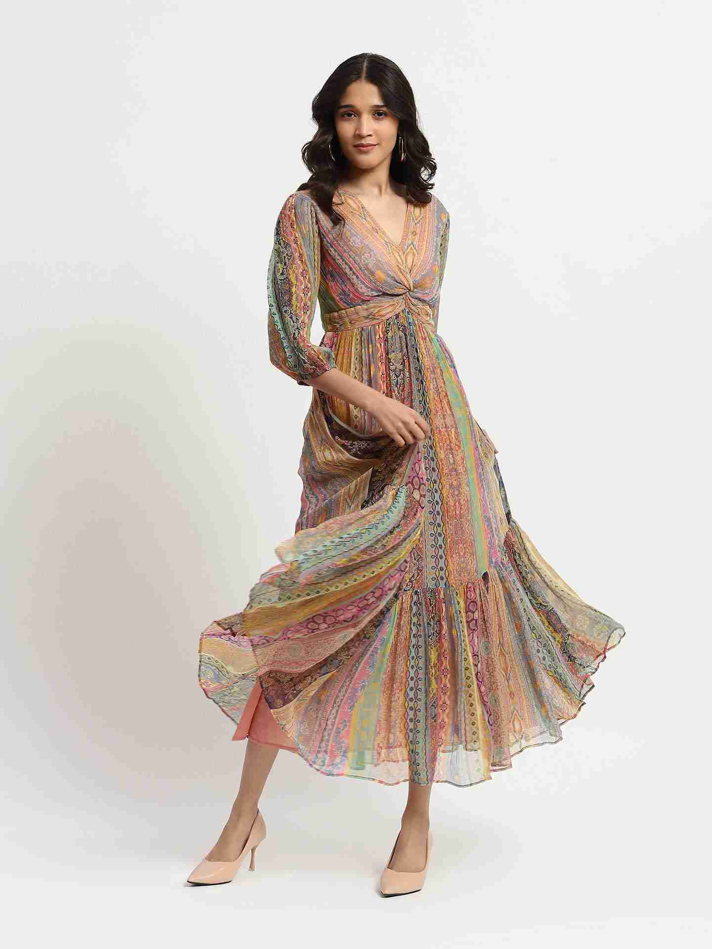 Multi Color Ethnic Stripes Maxi Dress