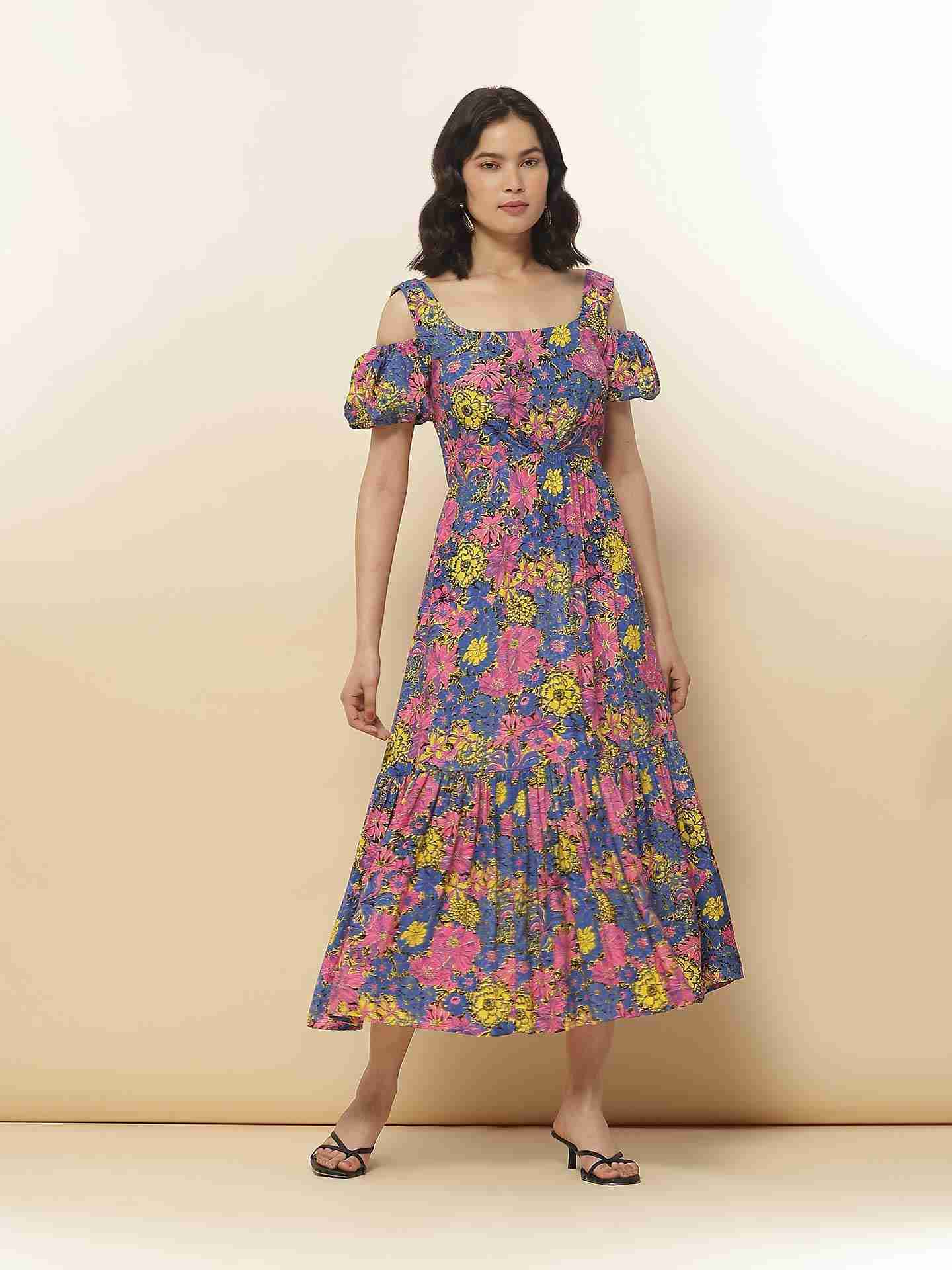 Blue Fashion Flair Floral  Long Dress