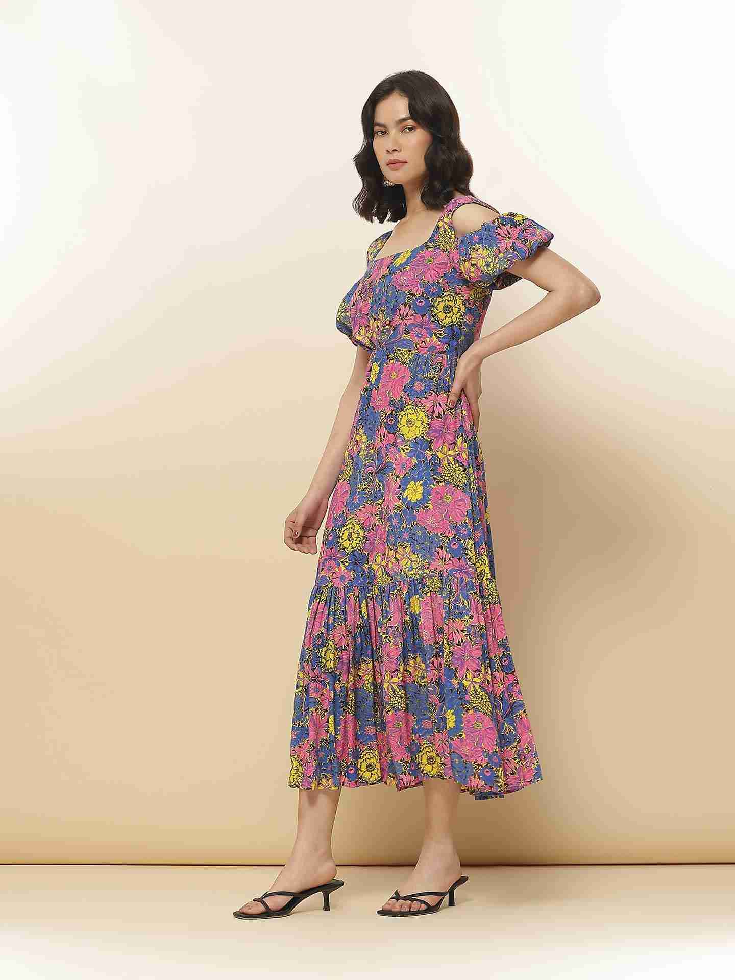 Blue Fashion Flair Floral  Long Dress
