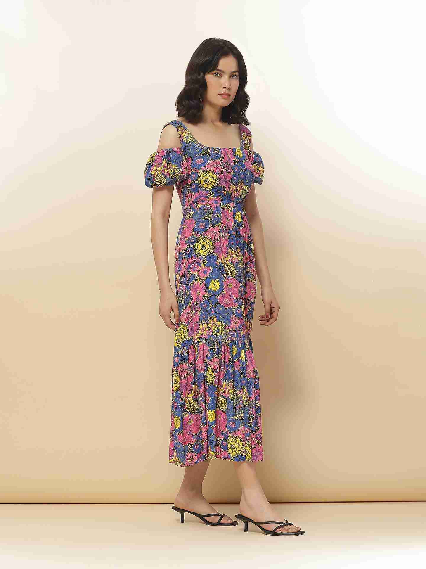 Blue Fashion Flair Floral  Long Dress