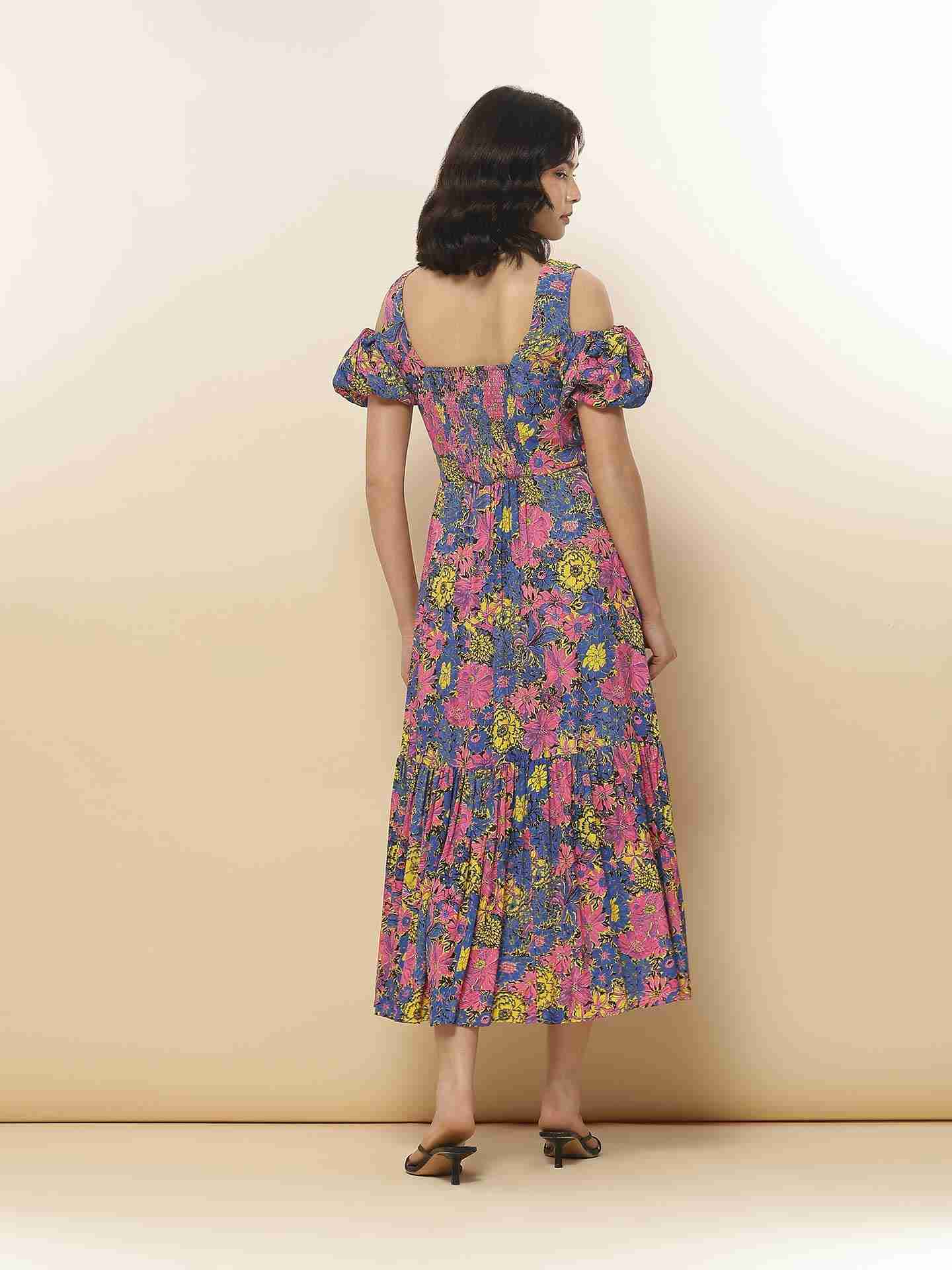 Blue Fashion Flair Floral  Long Dress