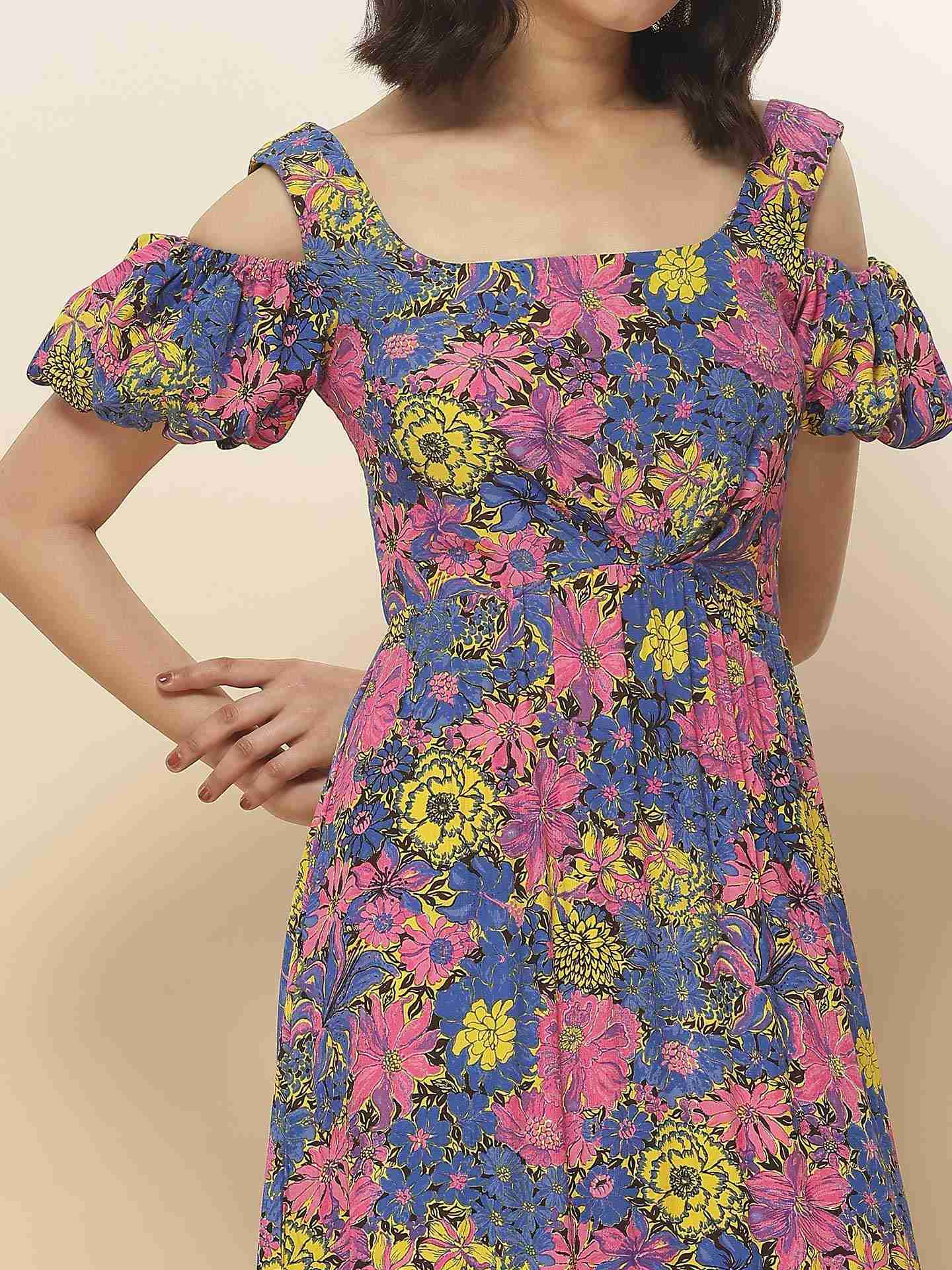 Blue Fashion Flair Floral  Long Dress