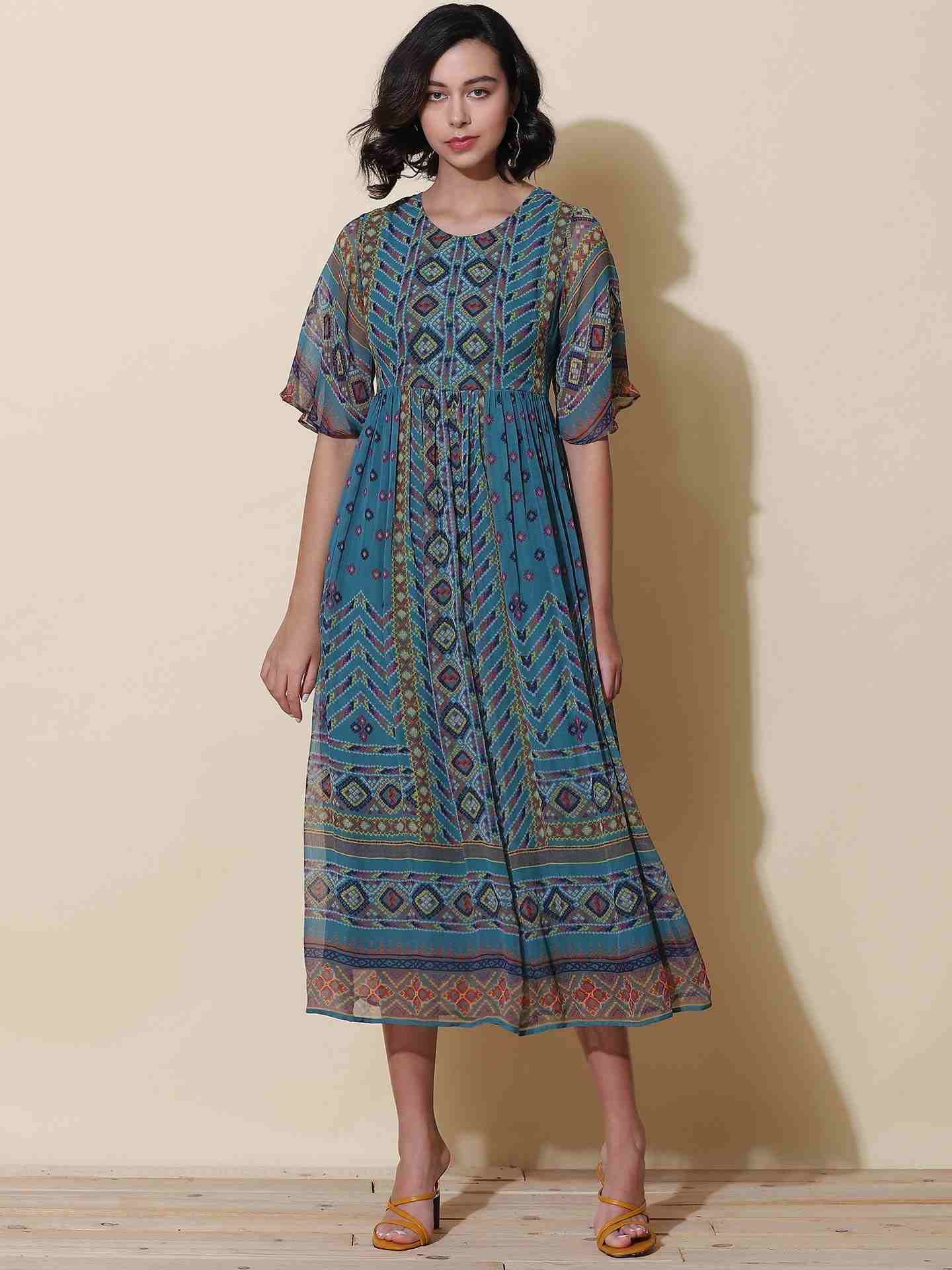 Teal Kutch Print Midi Dress