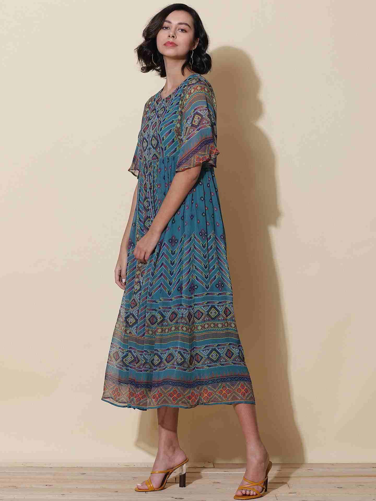 Teal Kutch Print Midi Dress