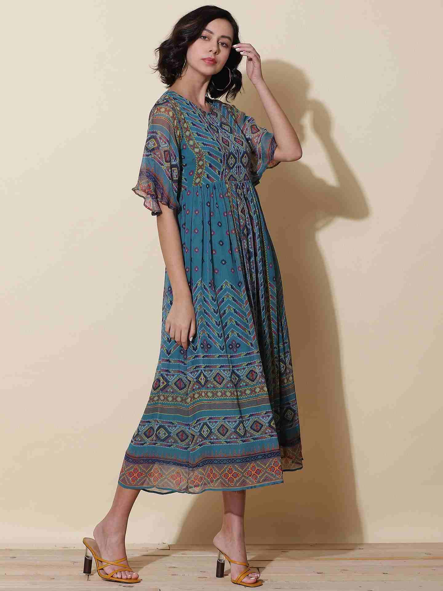Teal Kutch Print Midi Dress