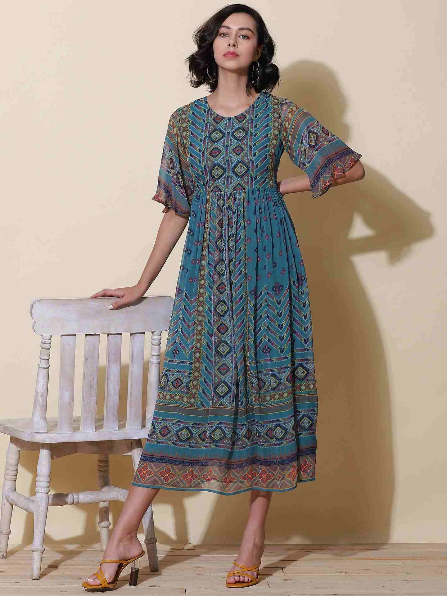 Teal Kutch Print Midi Dress