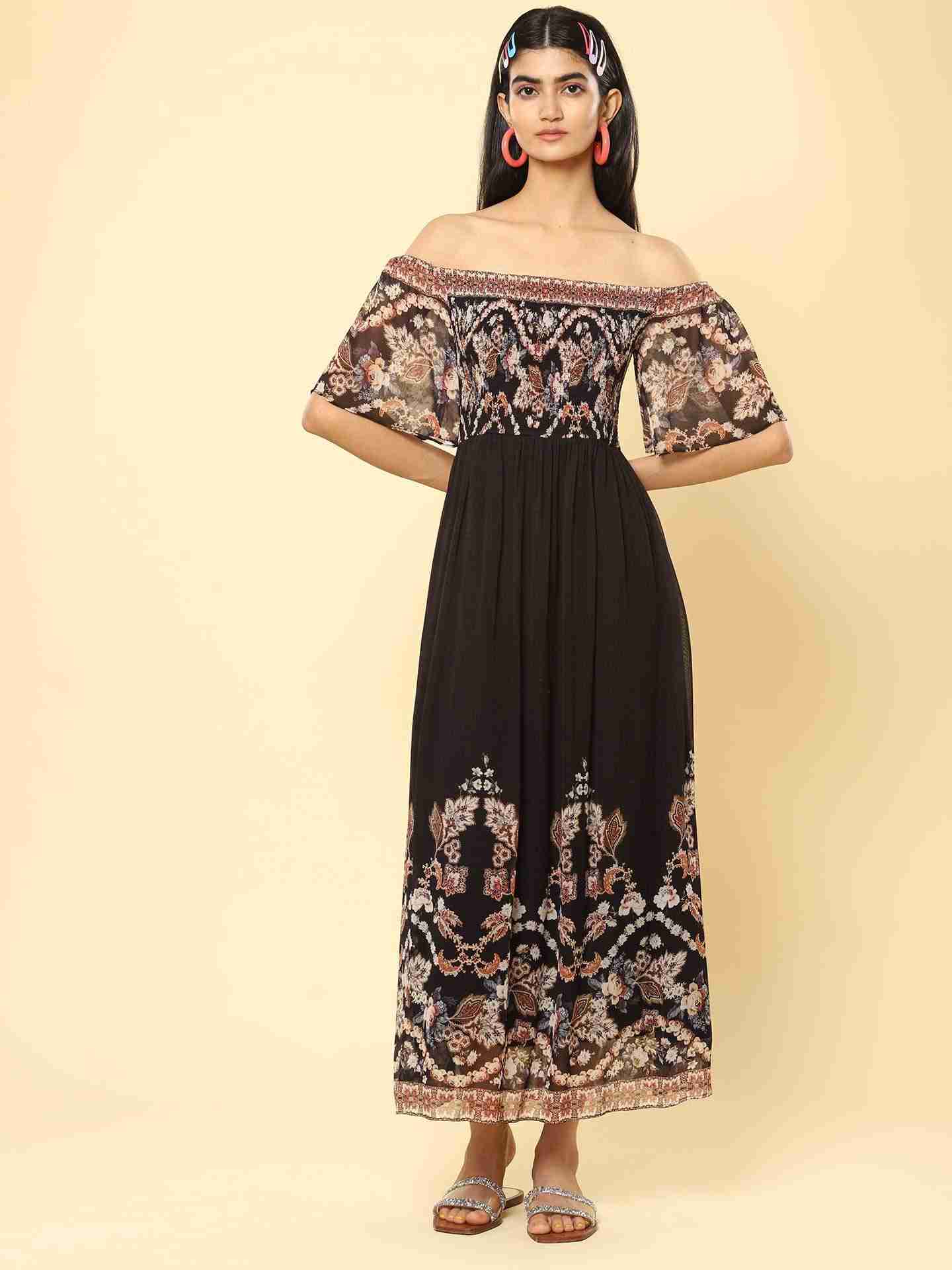Black Rosette Border Print Off-The-Shoulder Dress