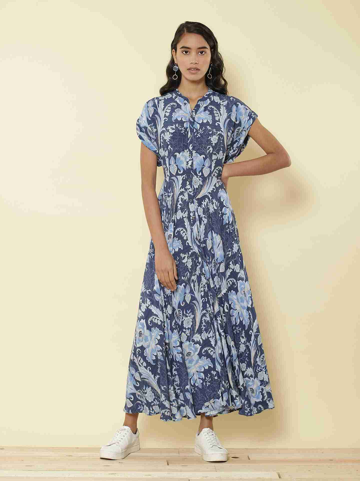 Blue Floral Filigree Shirt Dress