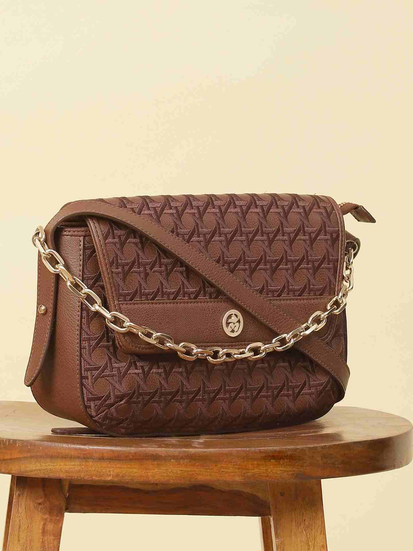 Tan Classic Curve Sling Bag with Chain