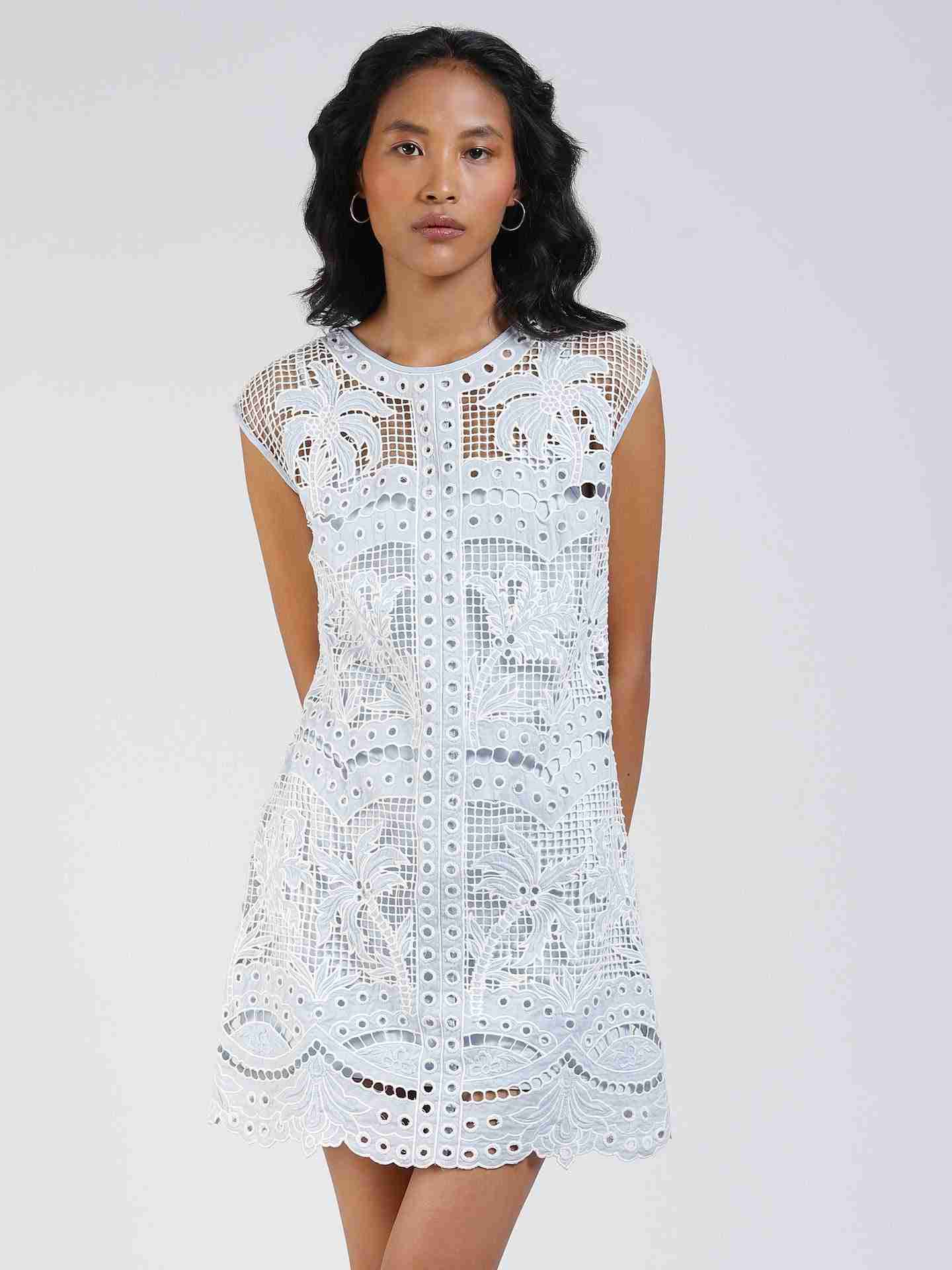 Blue Palm Embroidery Shift Dress
