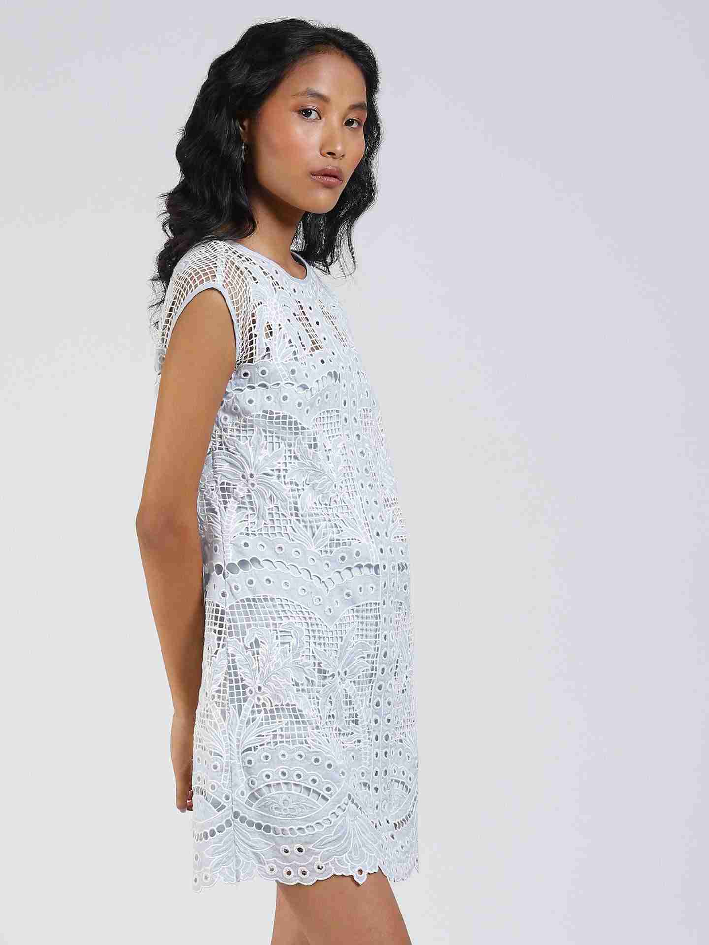 Blue Palm Embroidery Shift Dress