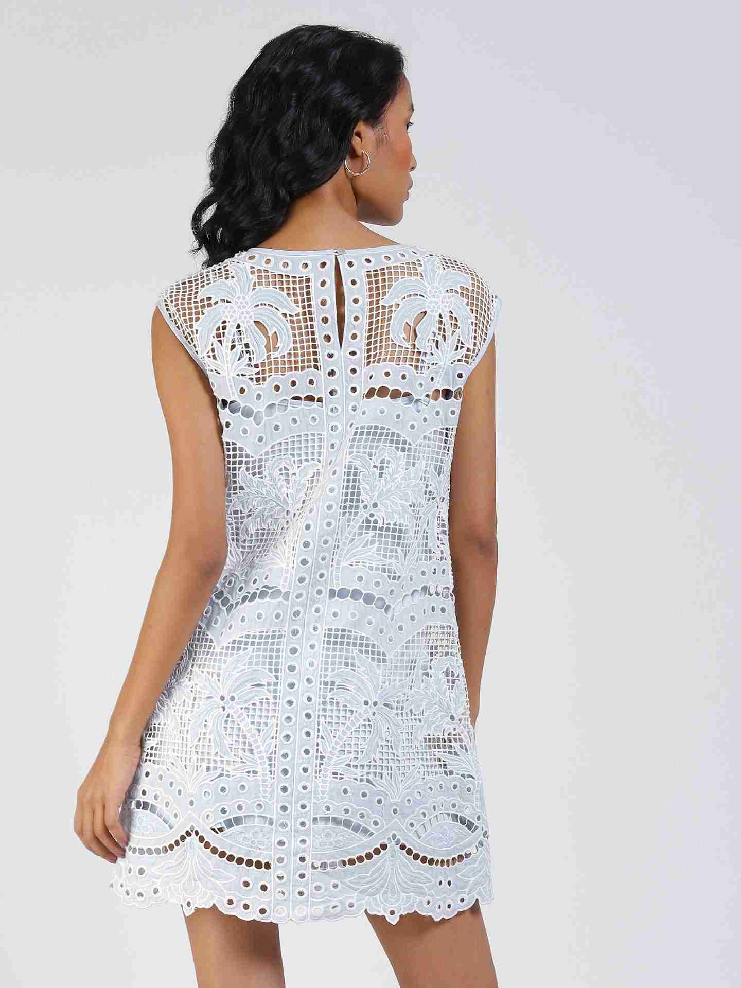 Blue Palm Embroidery Shift Dress