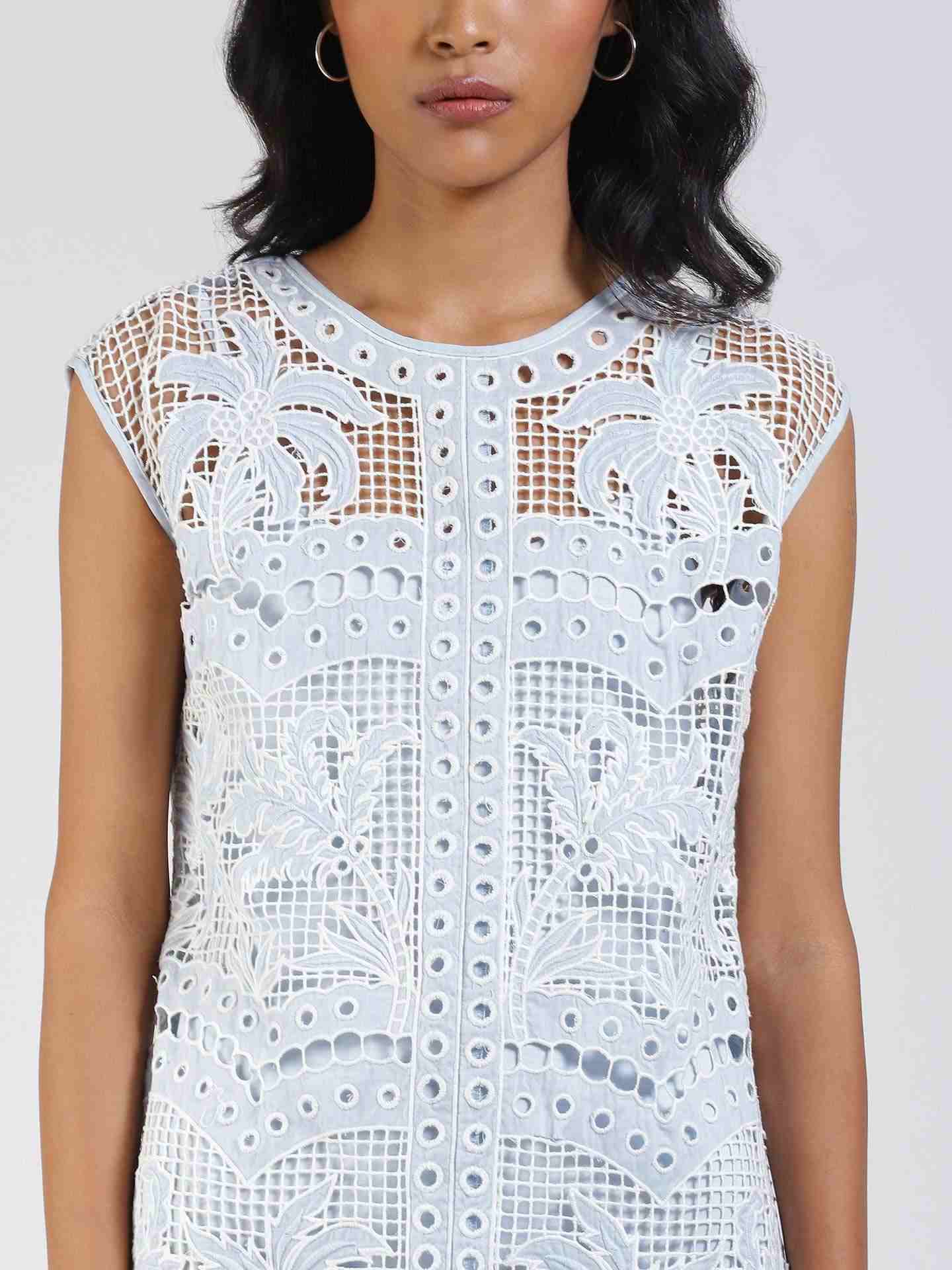 Blue Palm Embroidery Shift Dress