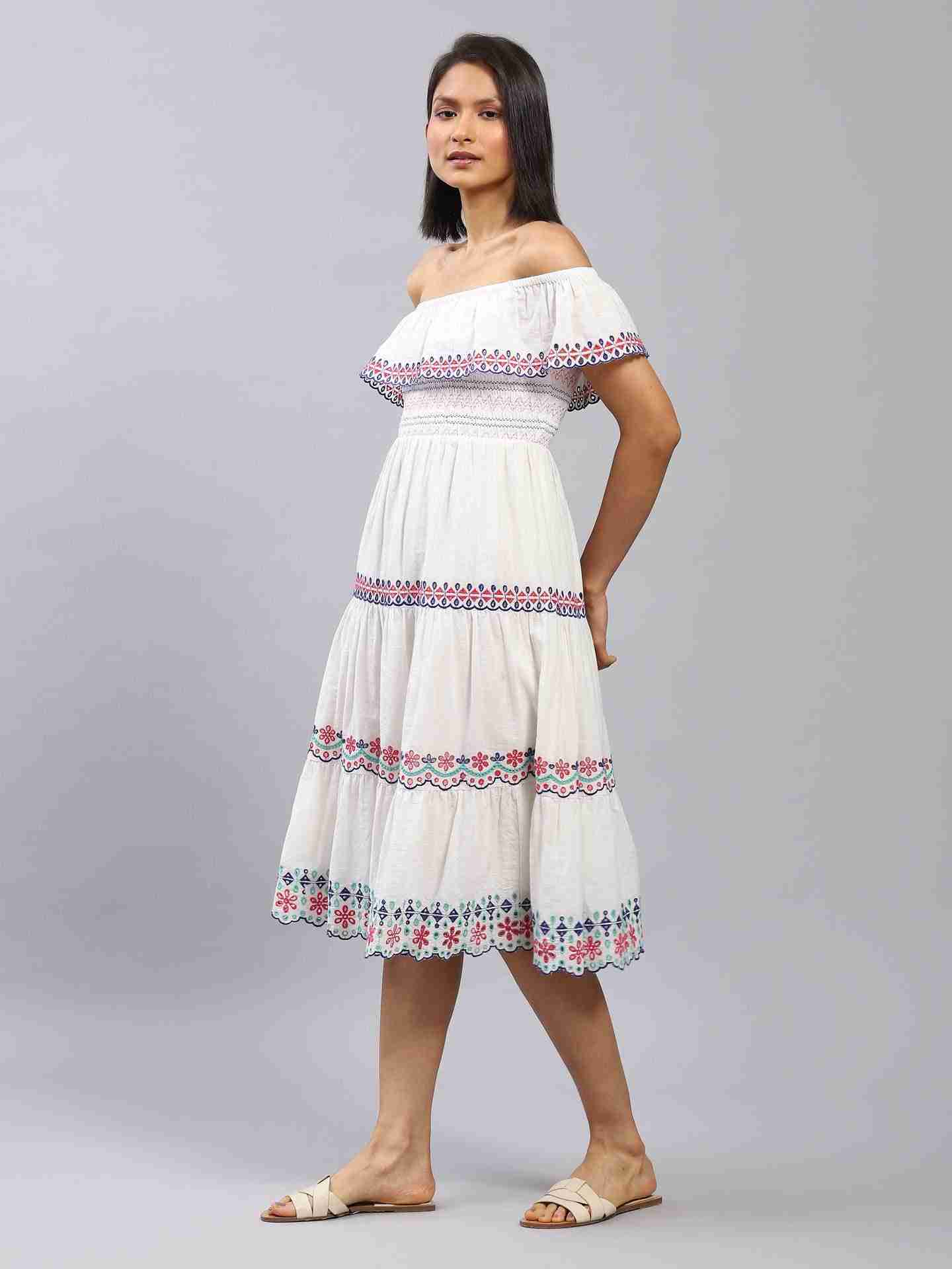 White Lyra Embroidery Off-The-Shoulder Dress