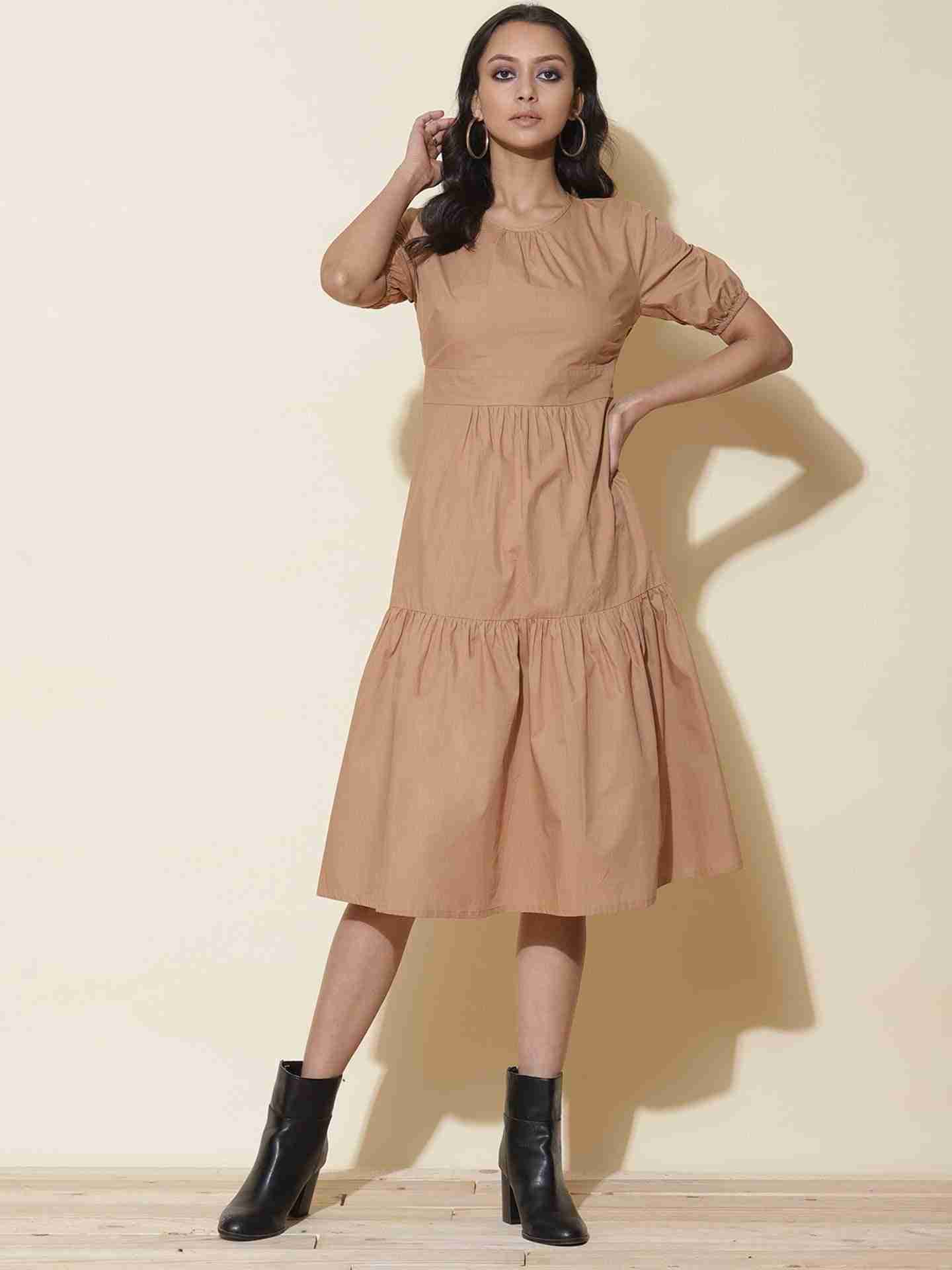 Brown Fashion Flair Midi Dress
