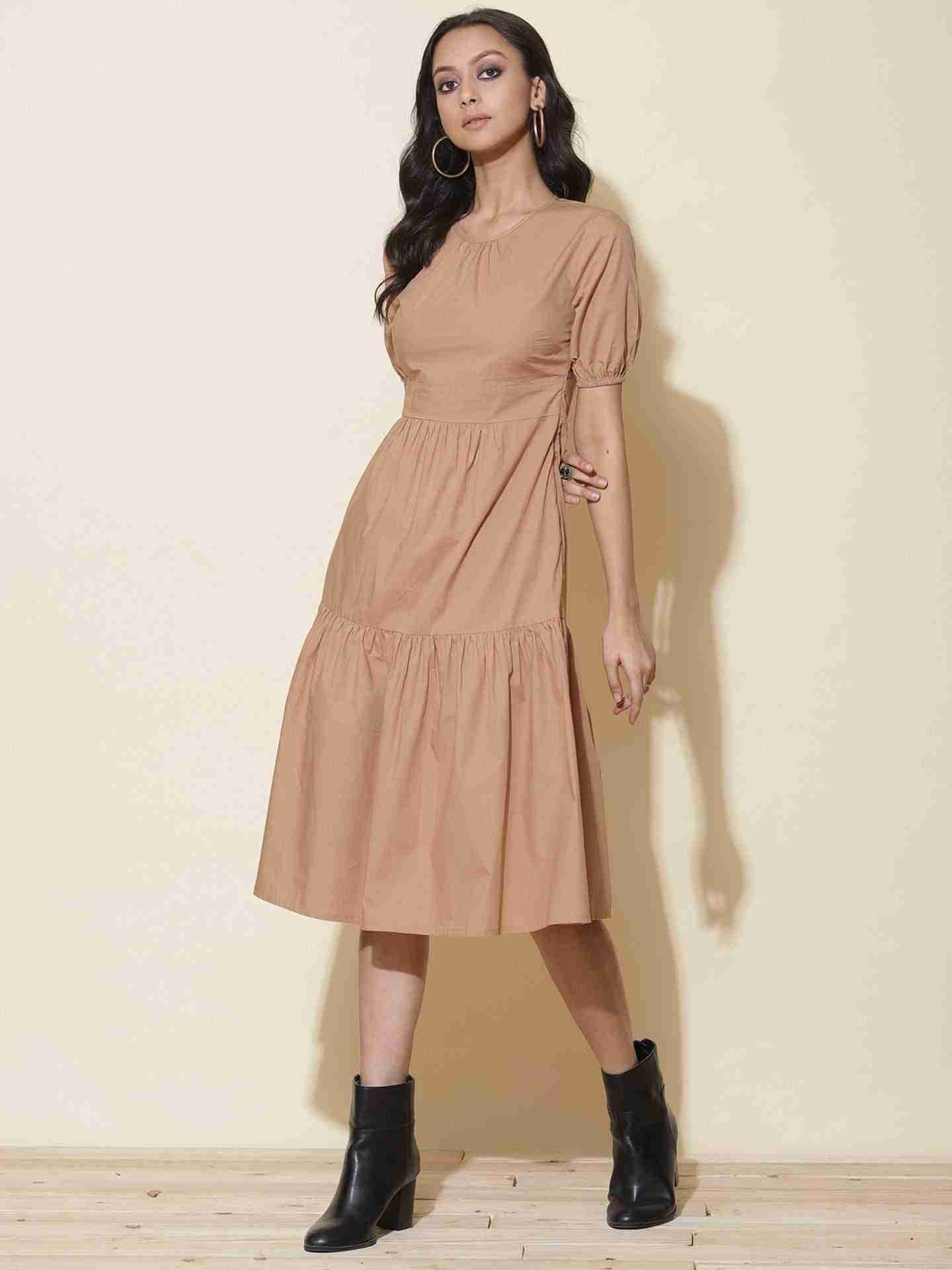 Brown Fashion Flair Midi Dress
