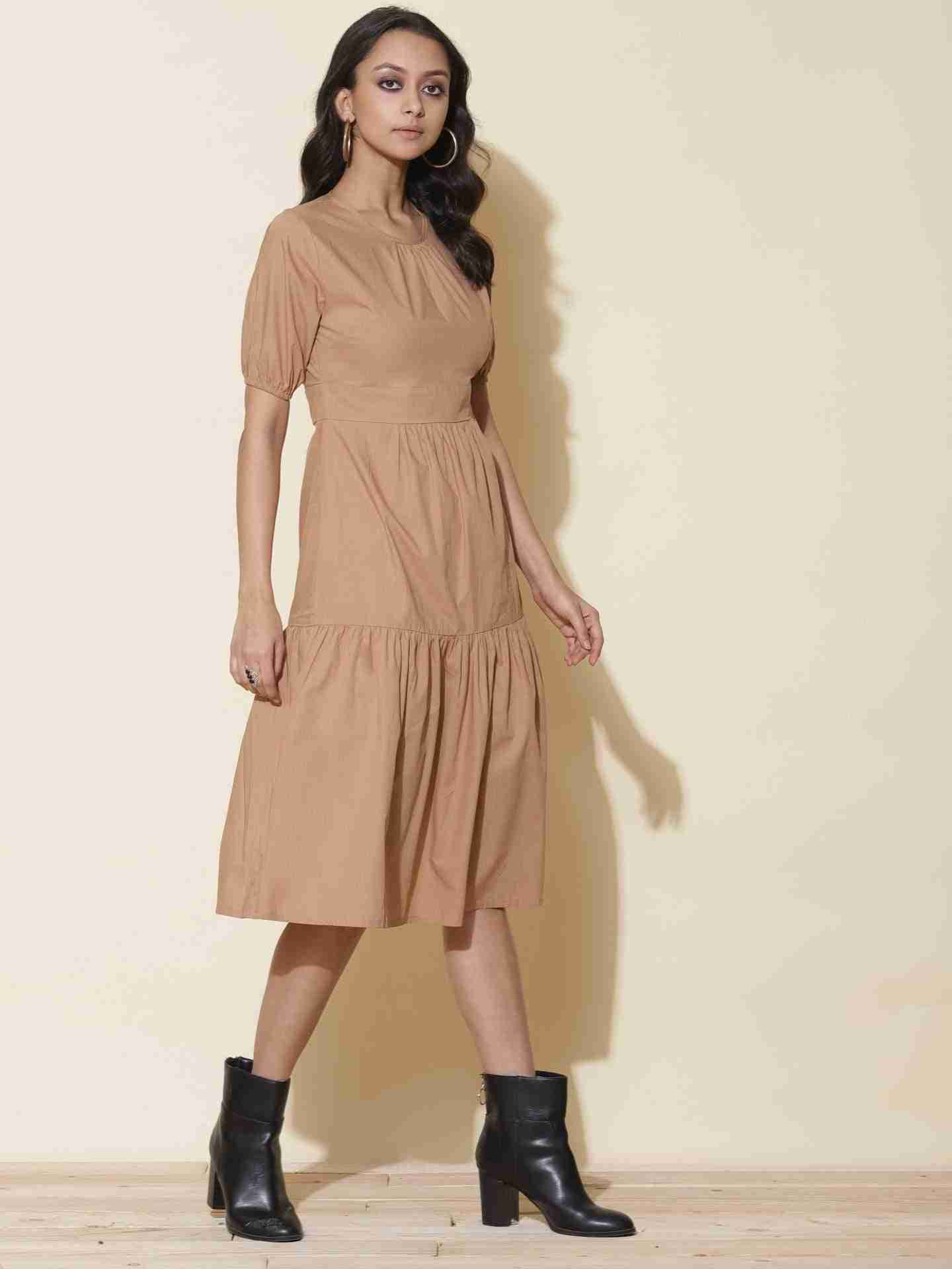 Brown Fashion Flair Midi Dress
