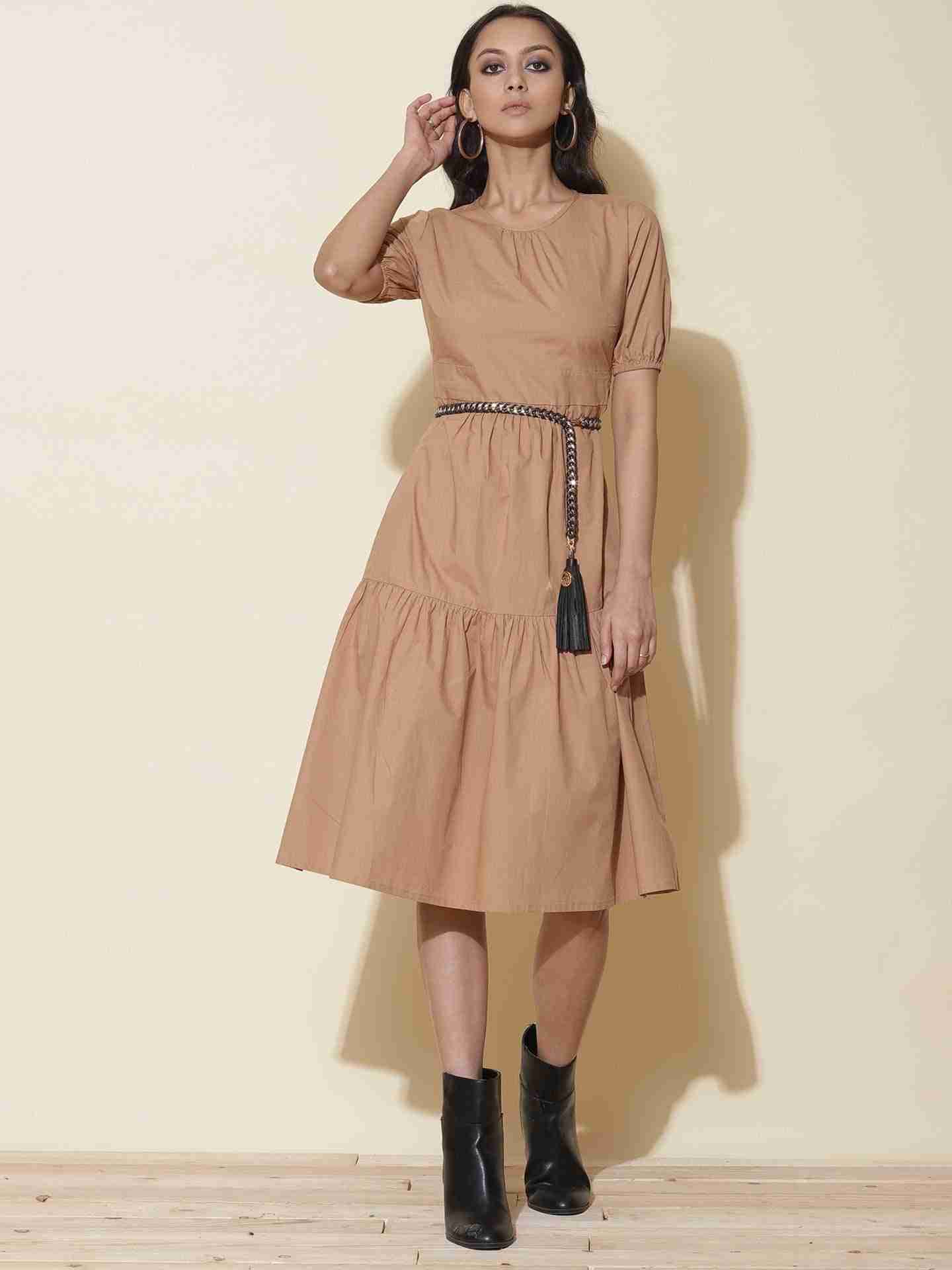 Brown Fashion Flair Midi Dress