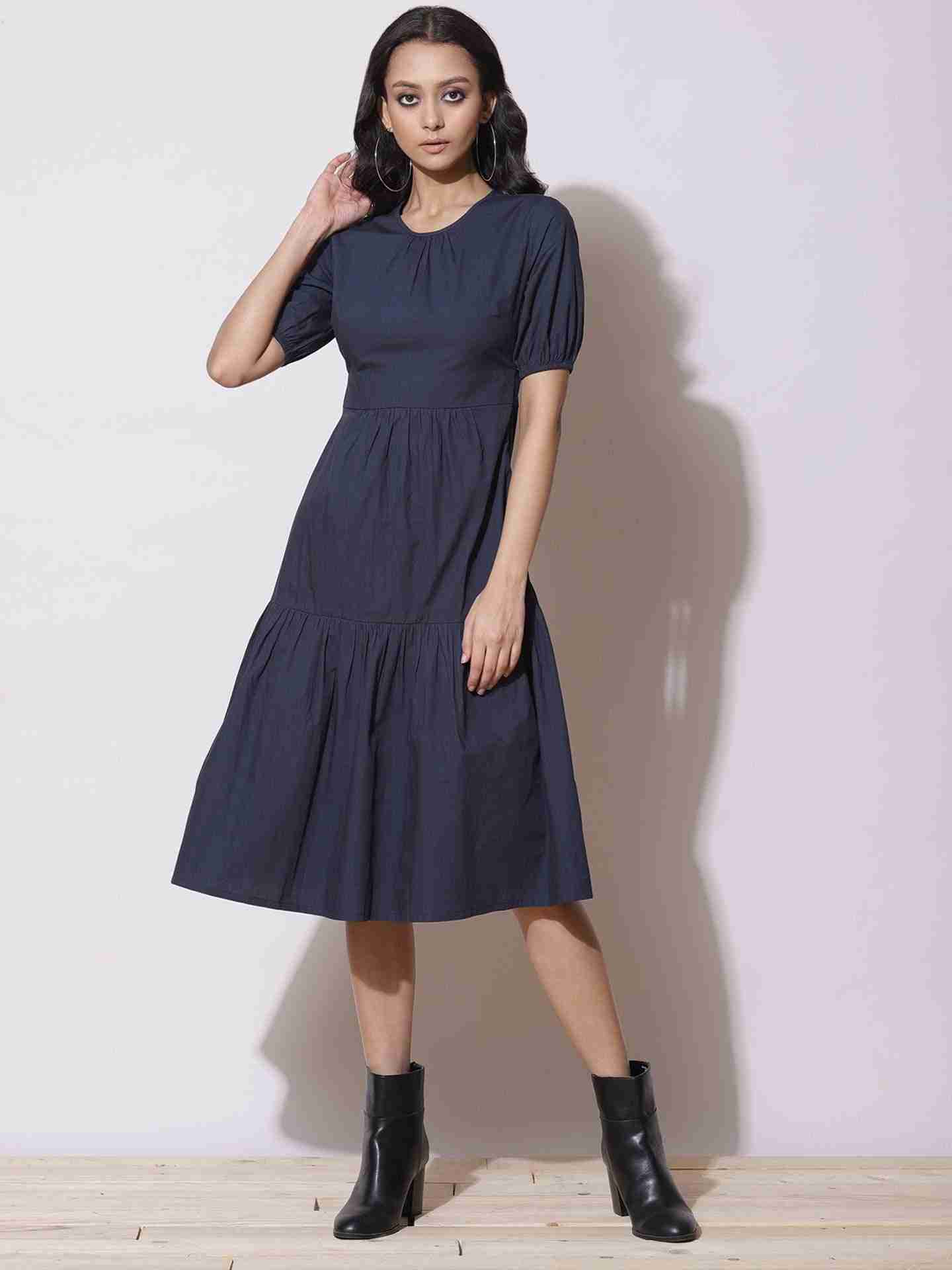Navy Fashion Flair Midi Dress