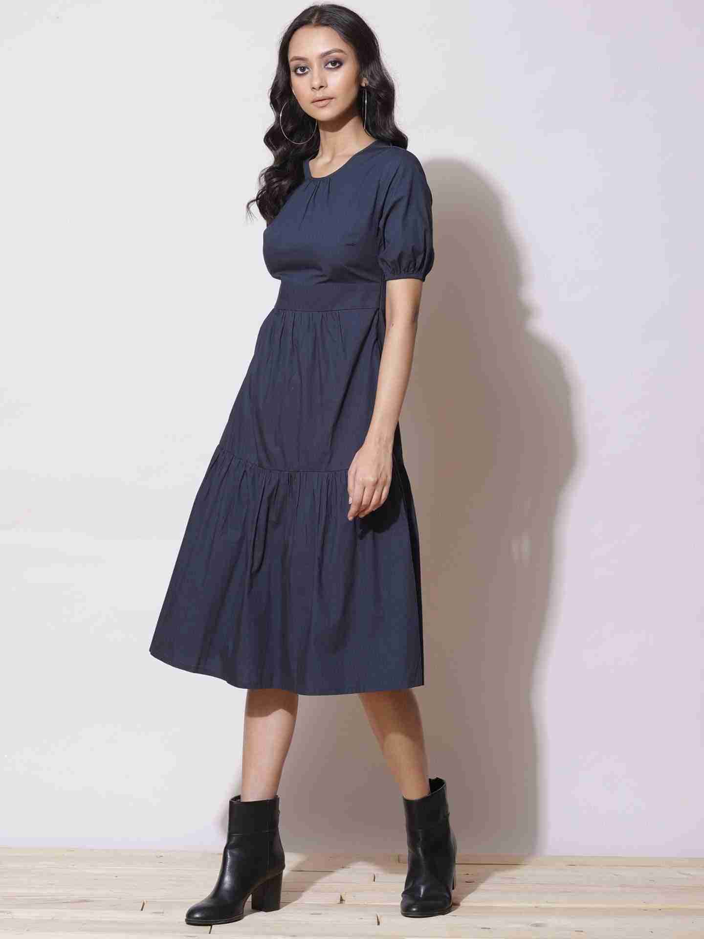 Navy Fashion Flair Midi Dress