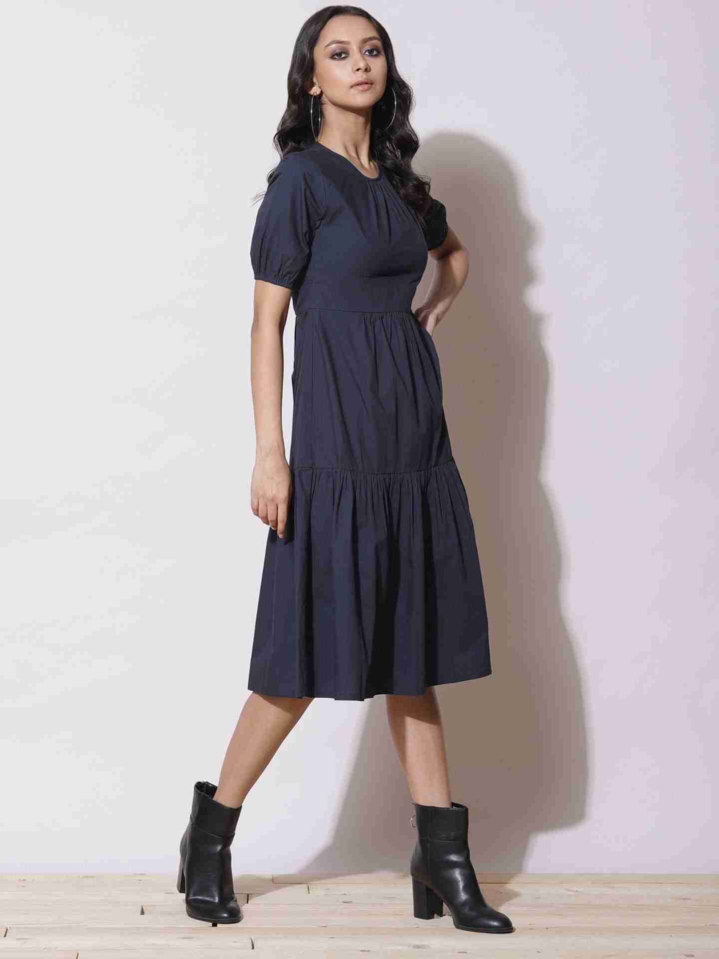 Navy Fashion Flair Midi Dress