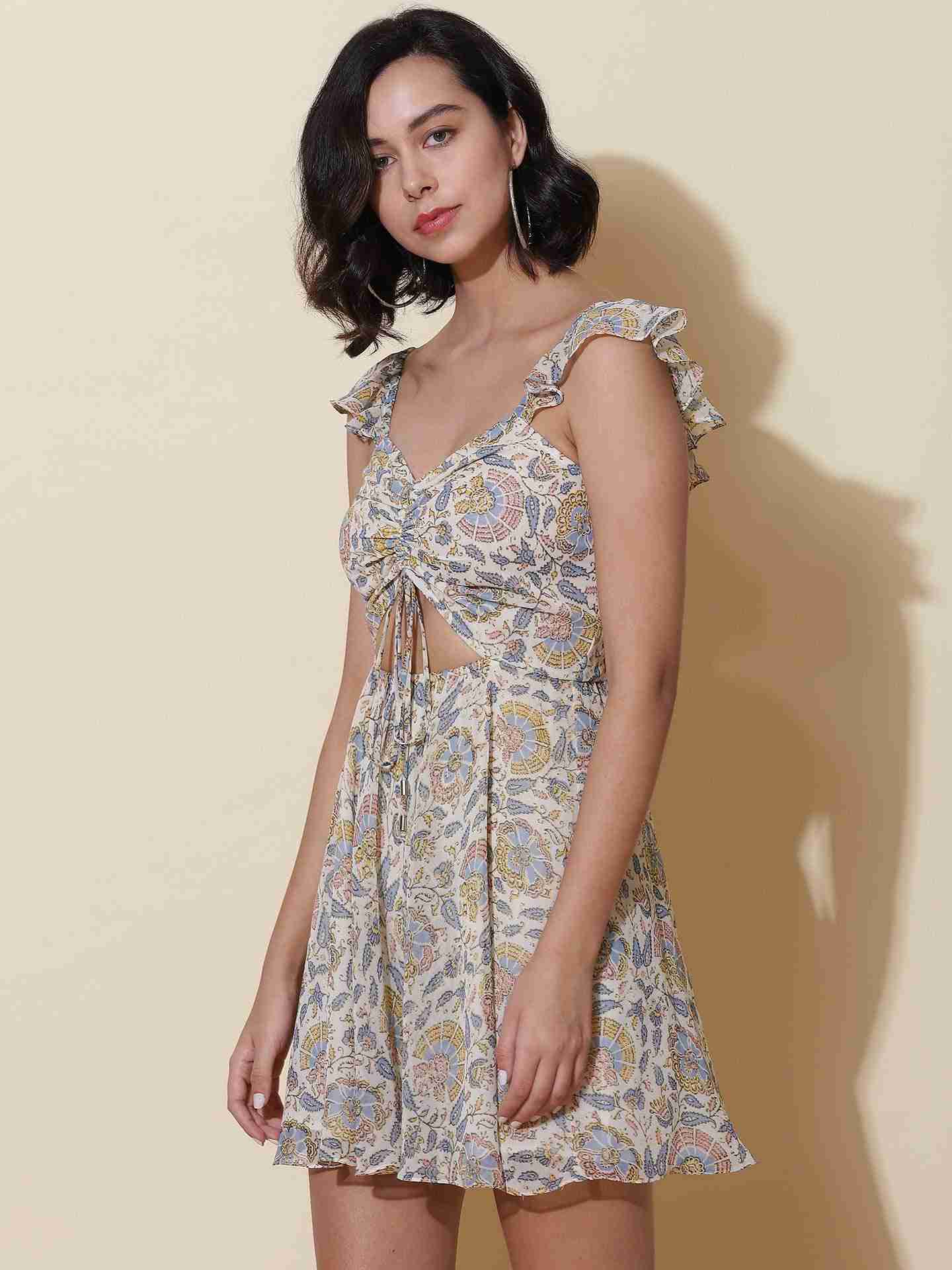 Ecru Fashion Flair Cut-Out Dress