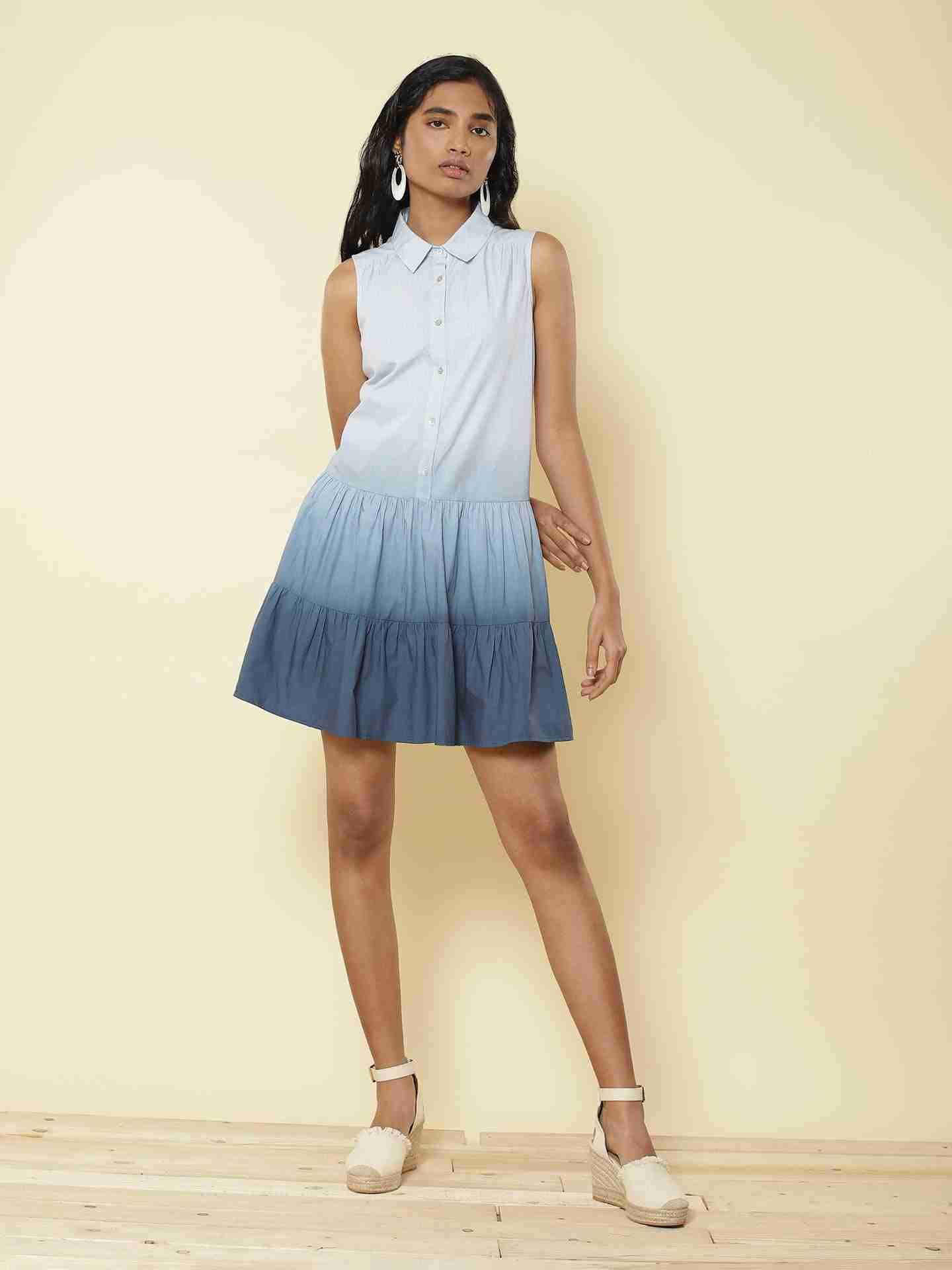 Blue Tiered Sunshine Shirt Dress